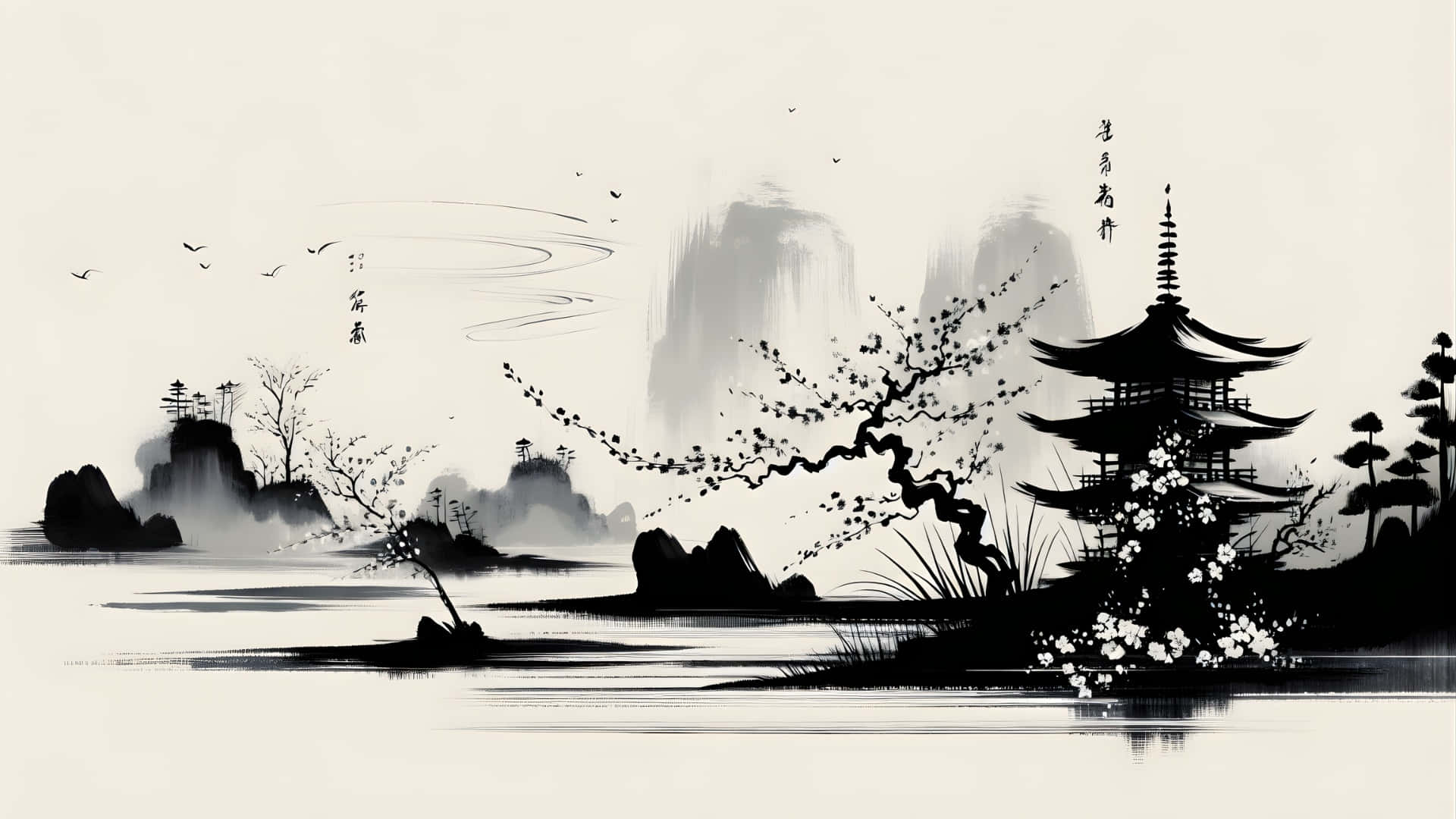 Chinese Watercolor Landscape Art, ink wash landscape, multi-tiered pagoda, Full HD Desktop Wallpaper