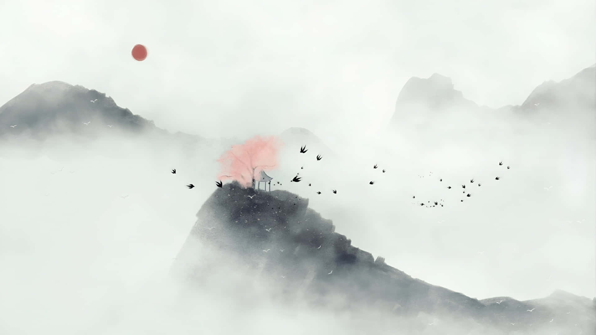 misty mountain peak, lone pavilion, pink tree, Full HD Desktop Wallpaper