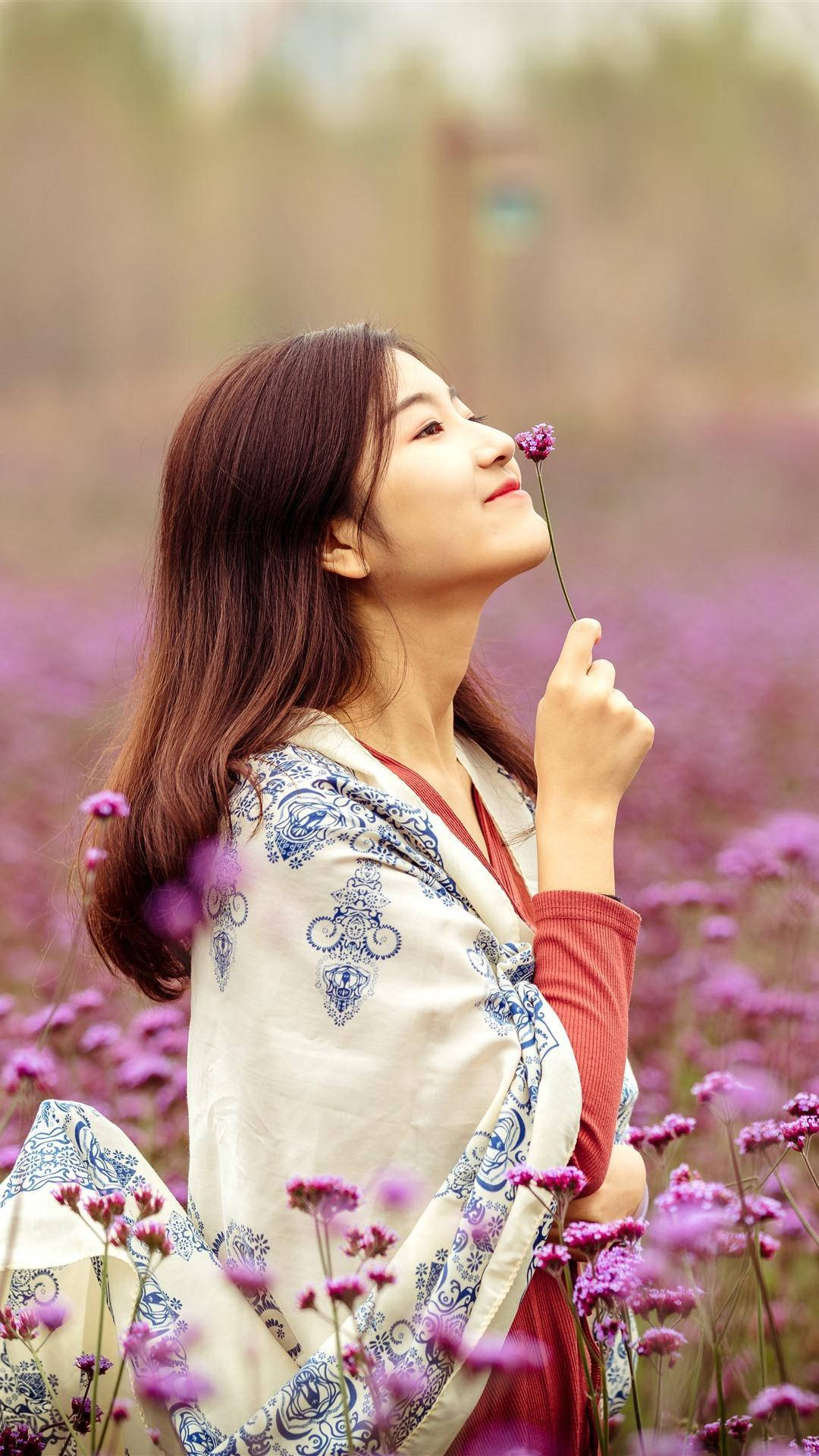 Chinese Girl, purple flower, patterned robe, Full HD Phone Wallpaper