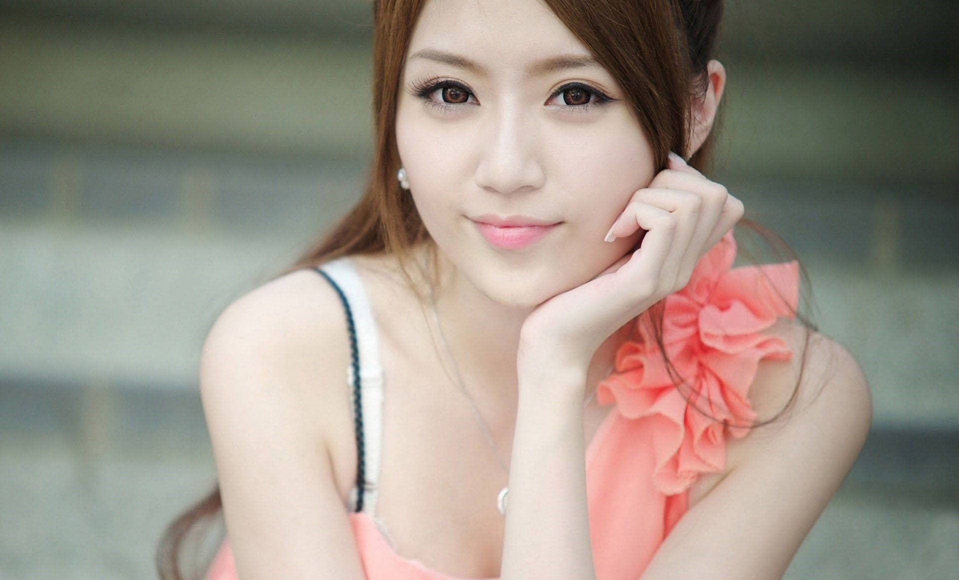 petite chinese girl, coral ruffled top, soft smile, Full HD Desktop Wallpaper