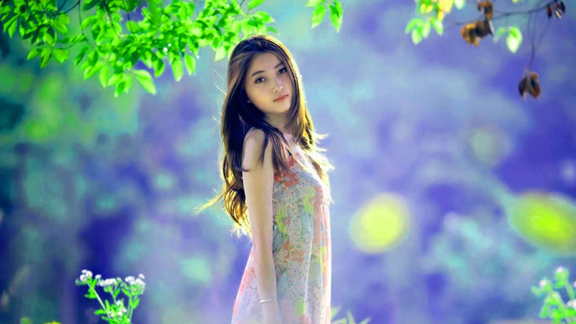 Chinese Woman, sundress, floral dress, Full HD Desktop Wallpaper