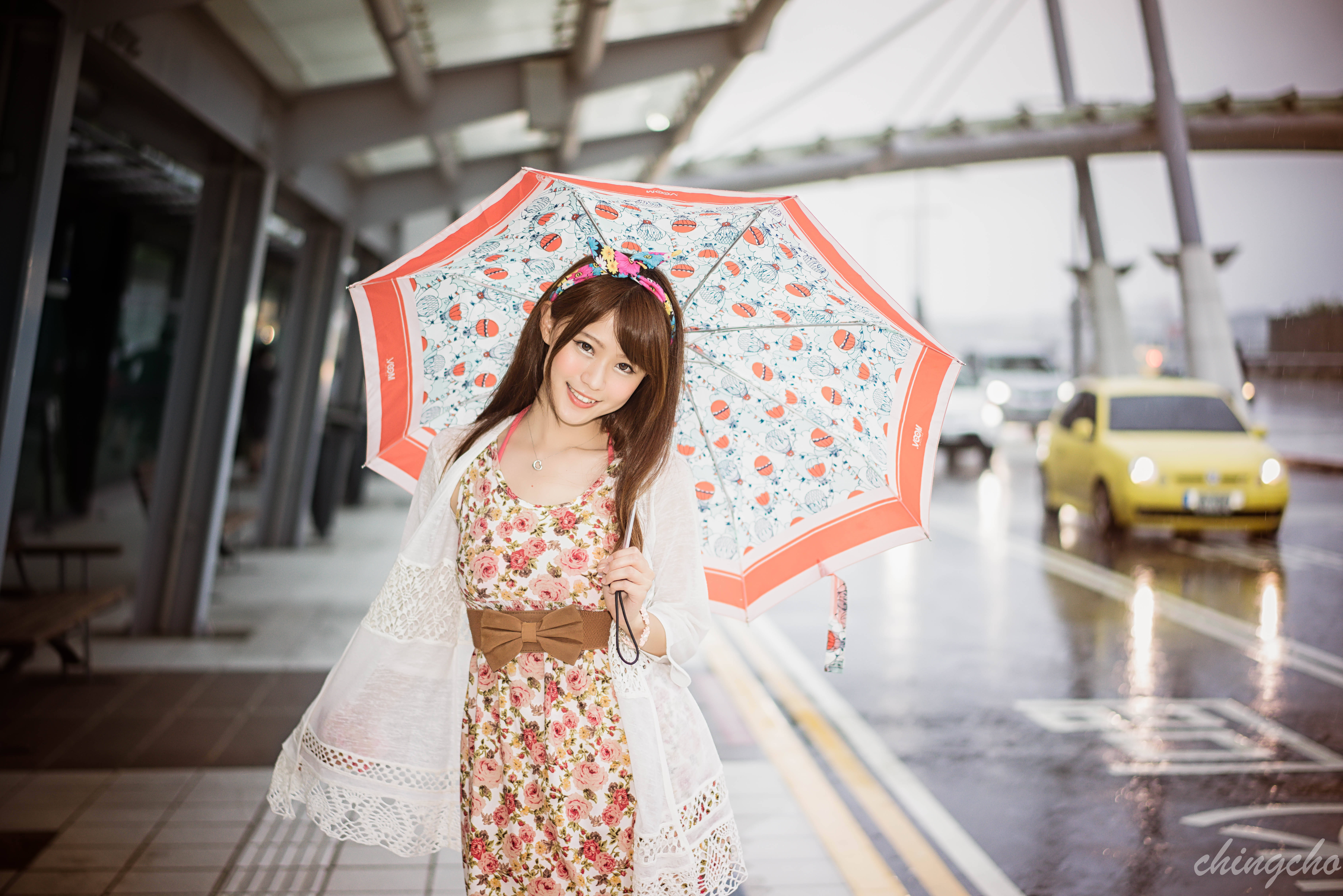 Chinese Woman, floral dress, patterned umbrella, 5K Desktop Wallpaper