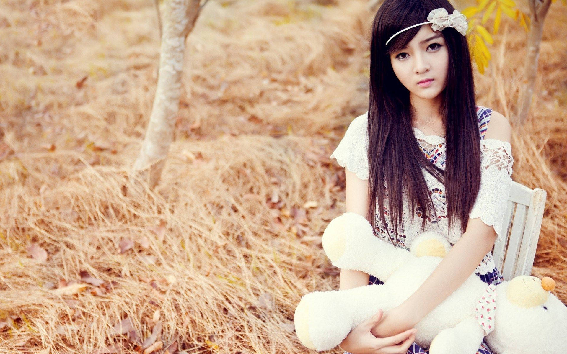 Chinese Girl, teddy bear, large white teddy bear, Full HD Desktop Wallpaper
