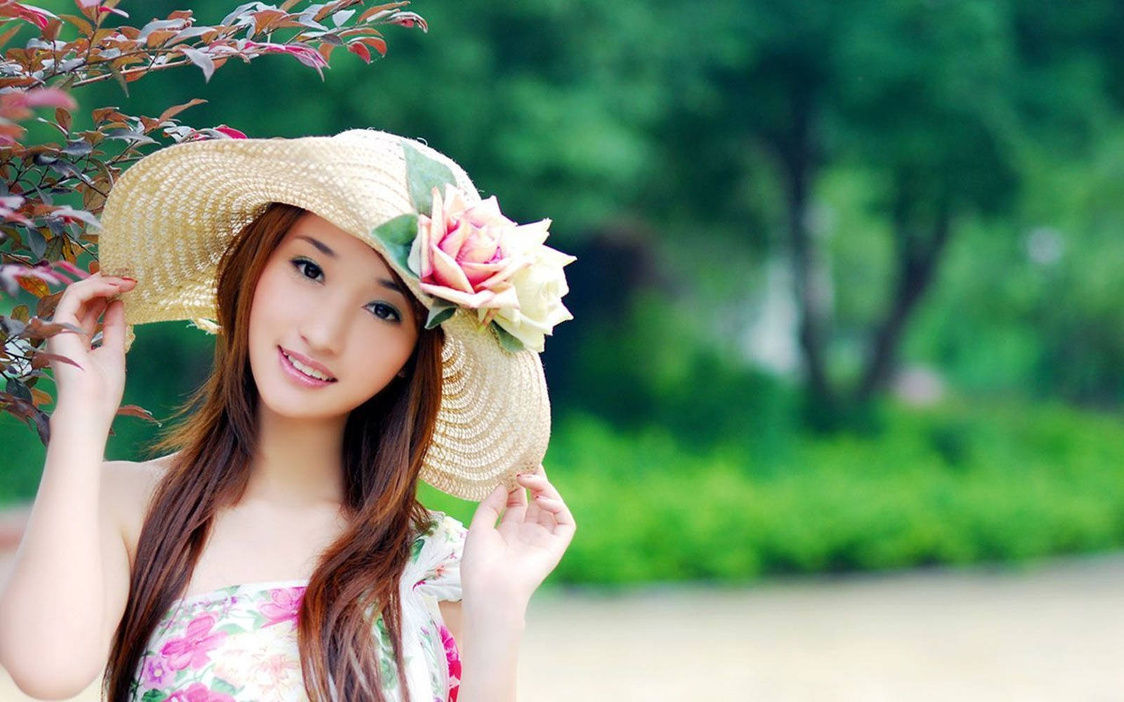 Chinese Girl Summer Hat, floral dress, straw hat, HD Desktop Wallpaper