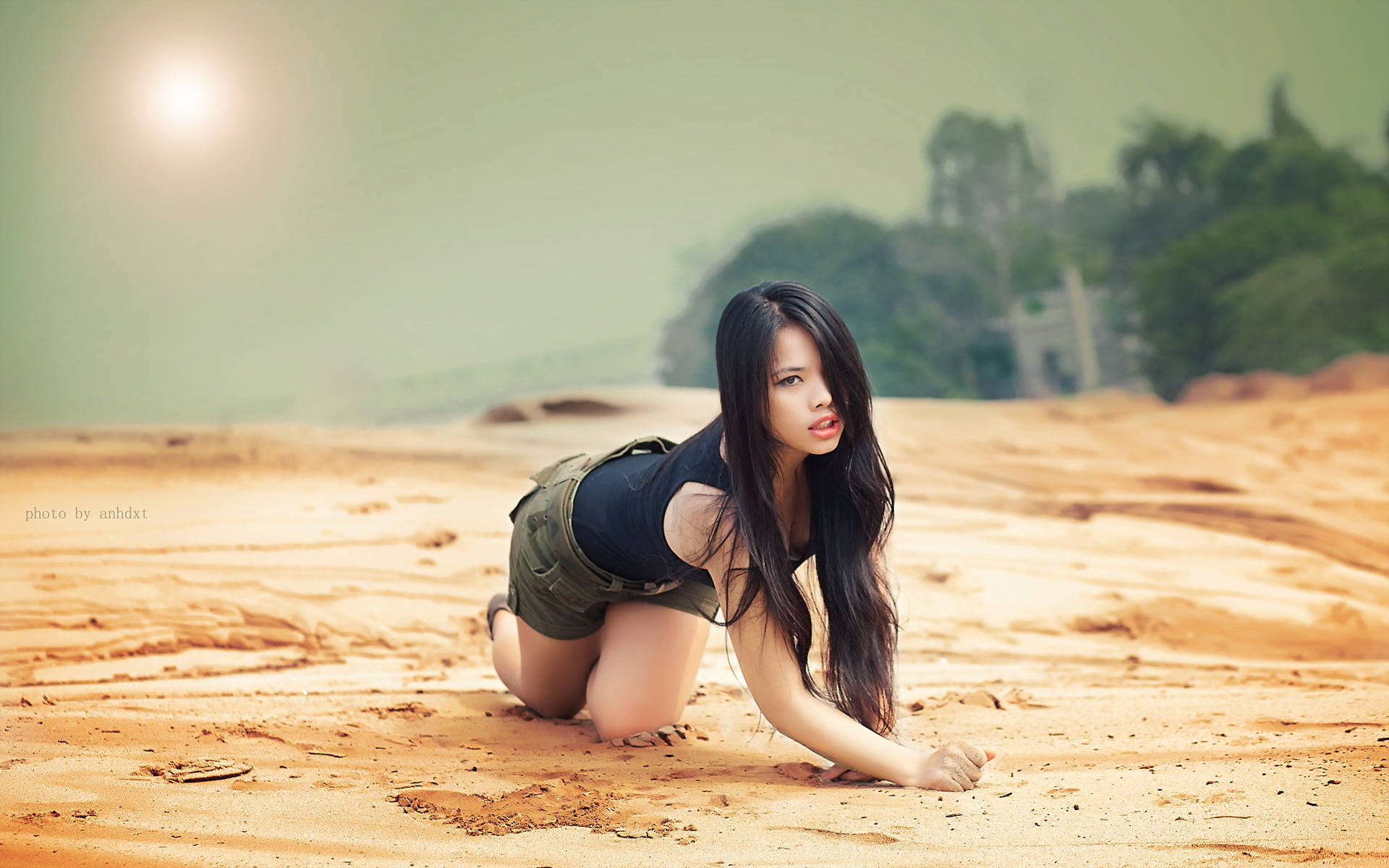 Chinese Woman, beach, sandy terrain, Full HD Desktop Wallpaper