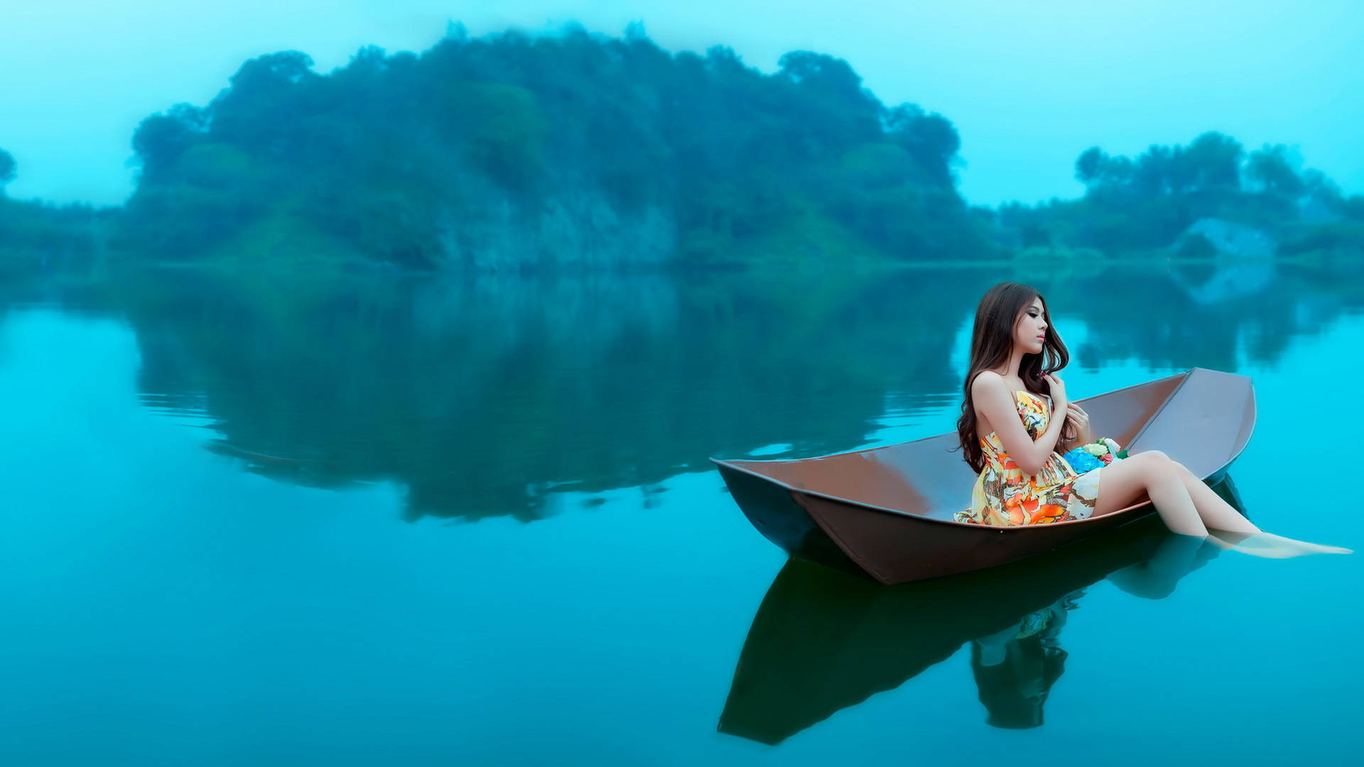 Chinese Woman, canoe, floral dress, Full HD Desktop Wallpaper
