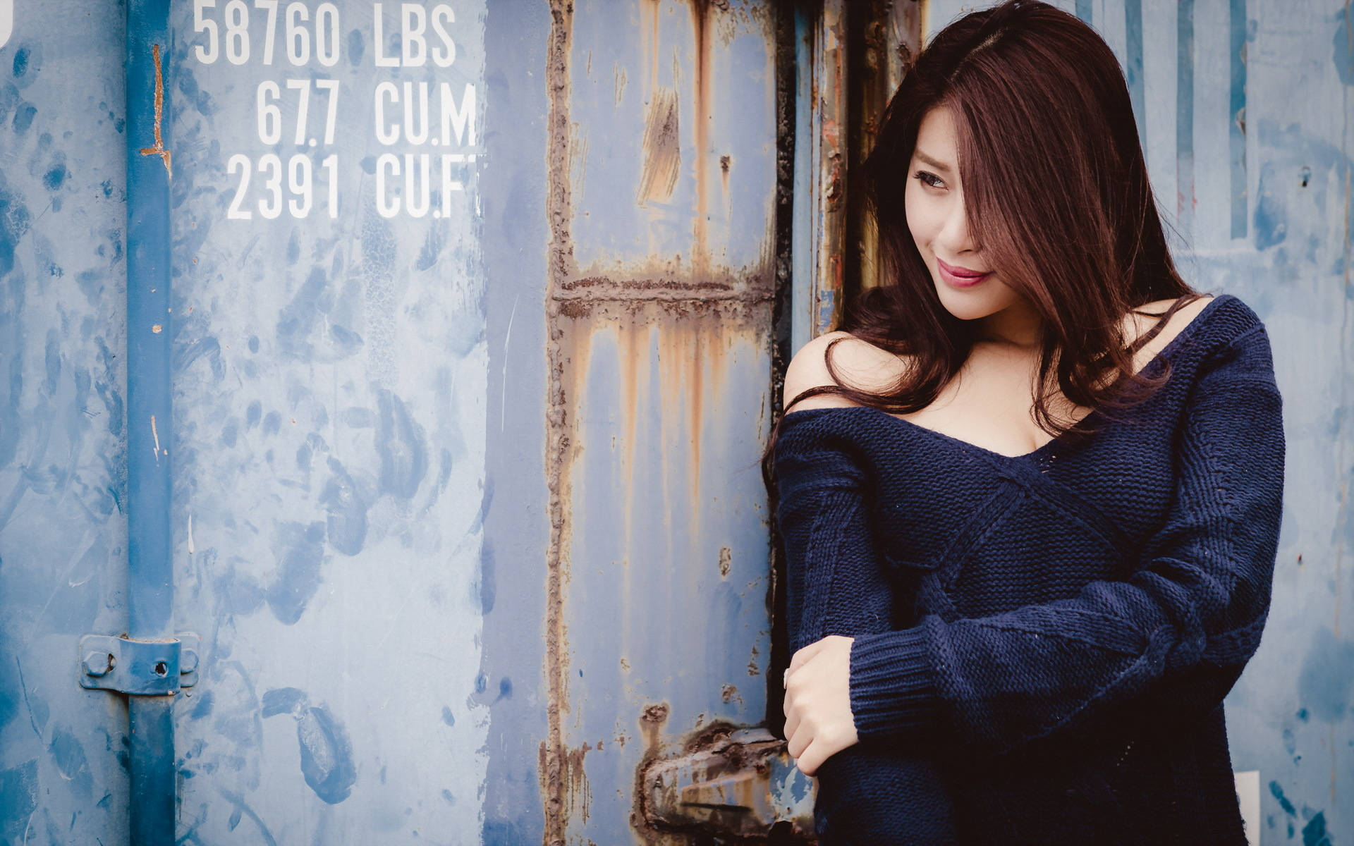 Chinese Woman, navy sweater, weathered blue shipping container, Full HD Desktop Wallpaper
