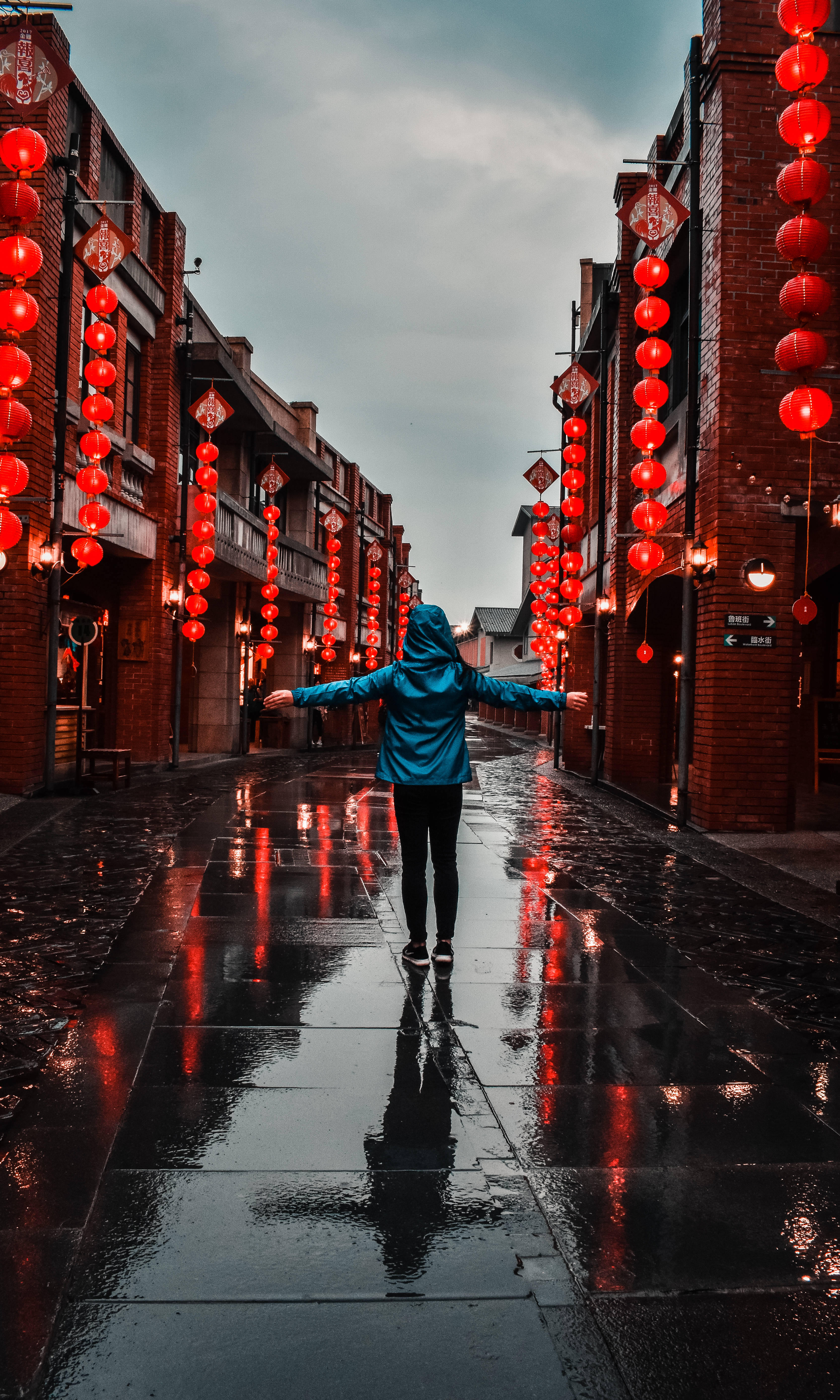 blue jacket, wet street, glowing red lanterns, 5K Phone Wallpaper