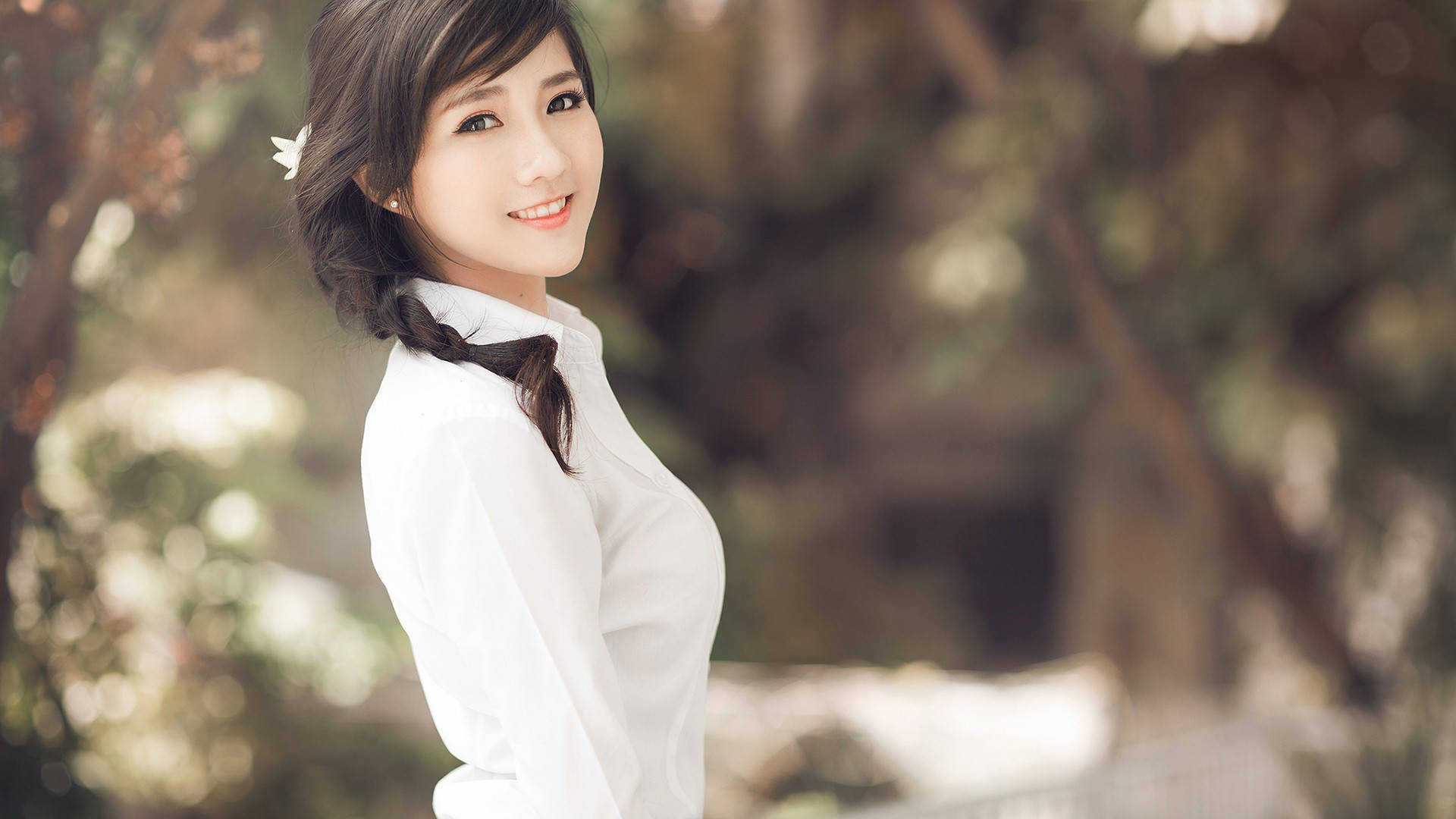 Chinese woman, ponytail, white blouse, Full HD Desktop Wallpaper