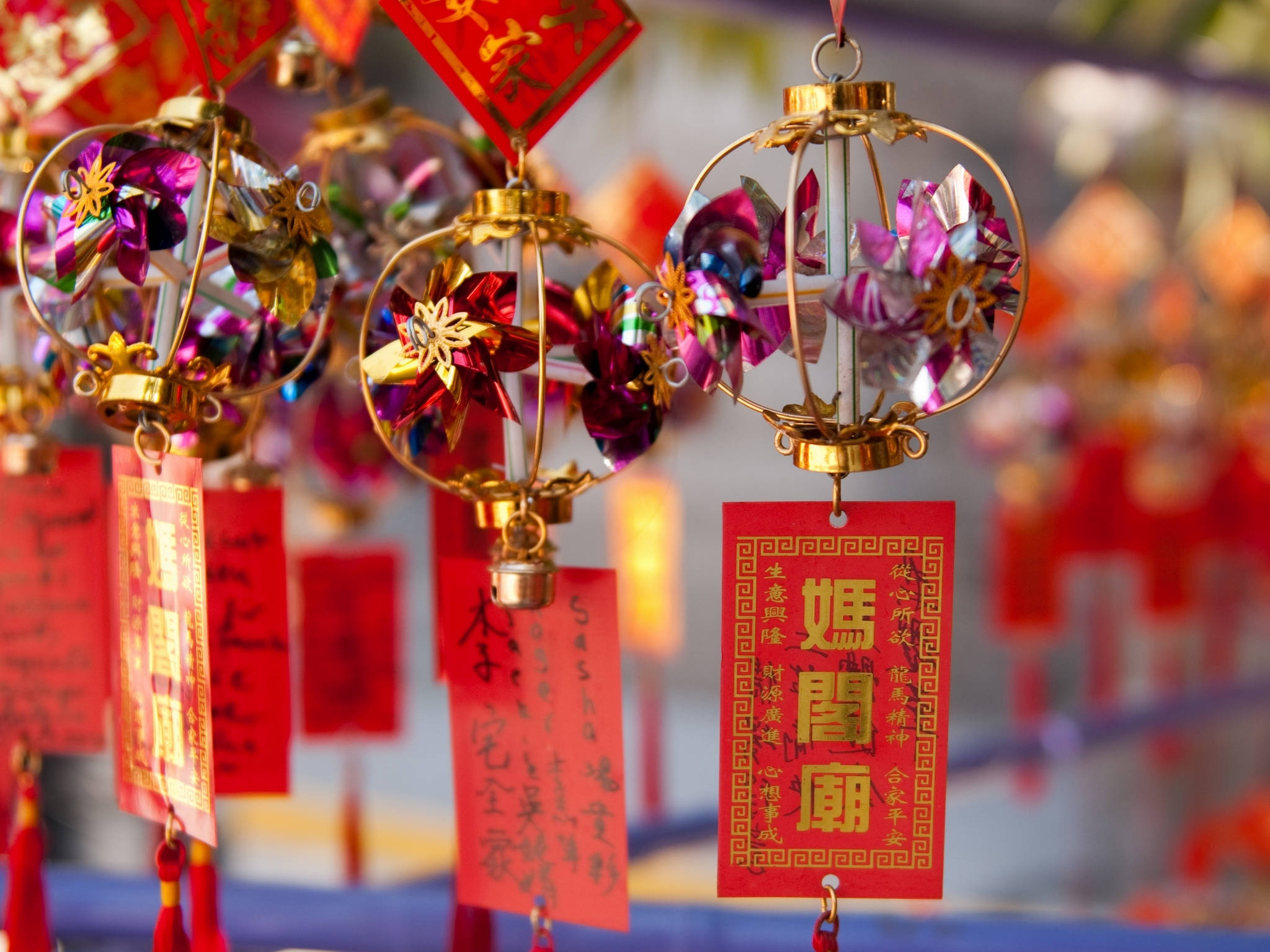 red, gold, paper lanterns, Full HD Desktop Wallpaper