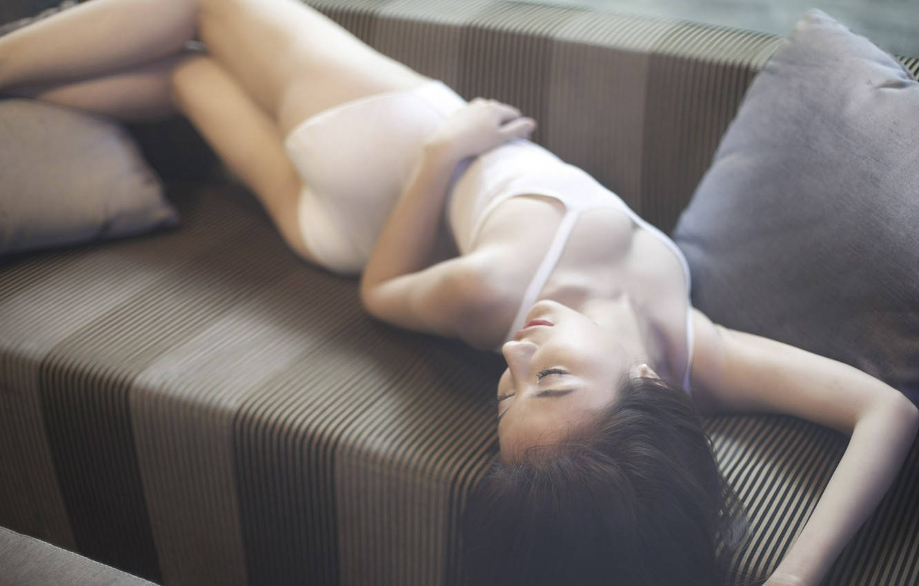 Chinese woman, white lingerie, striped sofa, HD Desktop Wallpaper