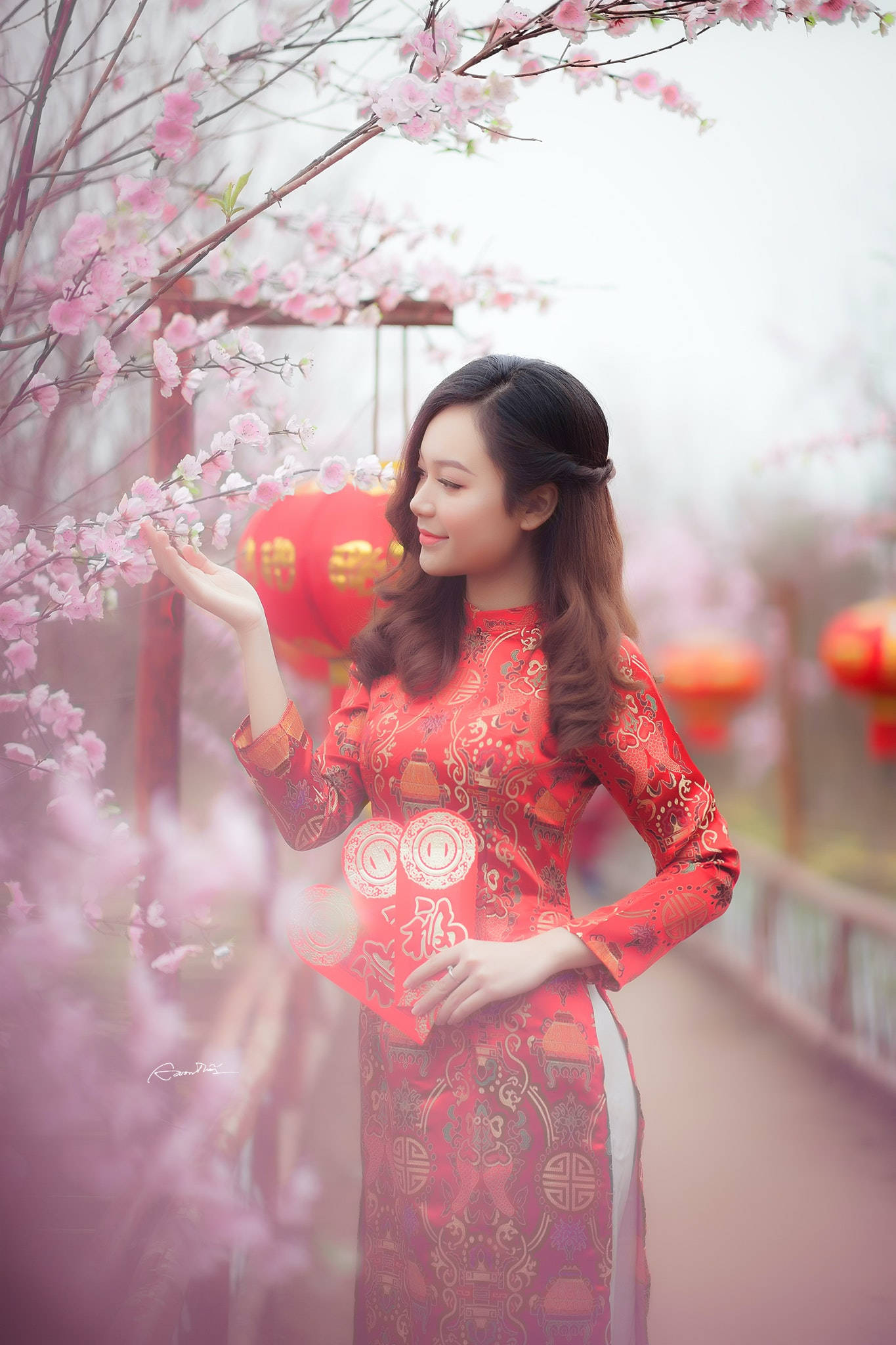 red patterned ao dai, pink cherry blossoms, soft mist, Full HD Phone Wallpaper