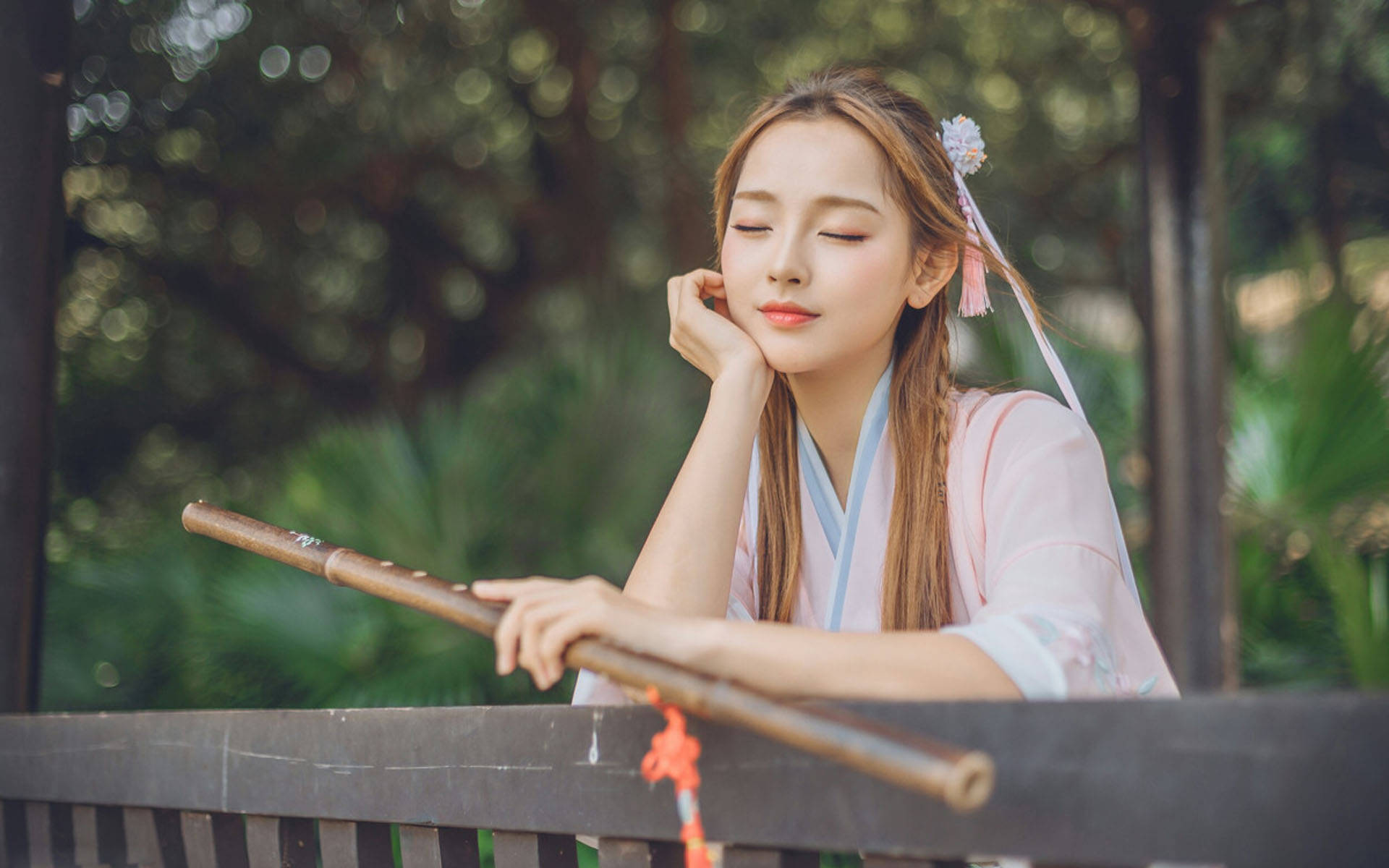 dizi, traditional pink attire, bamboo flute, Full HD Desktop Wallpaper