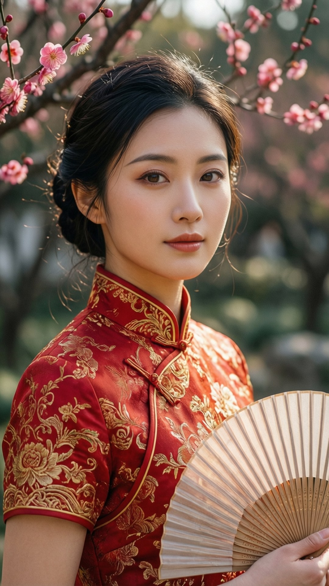 red gold embroidered qipao, beige fan, pink cherry blossoms, Full HD Phone Wallpaper