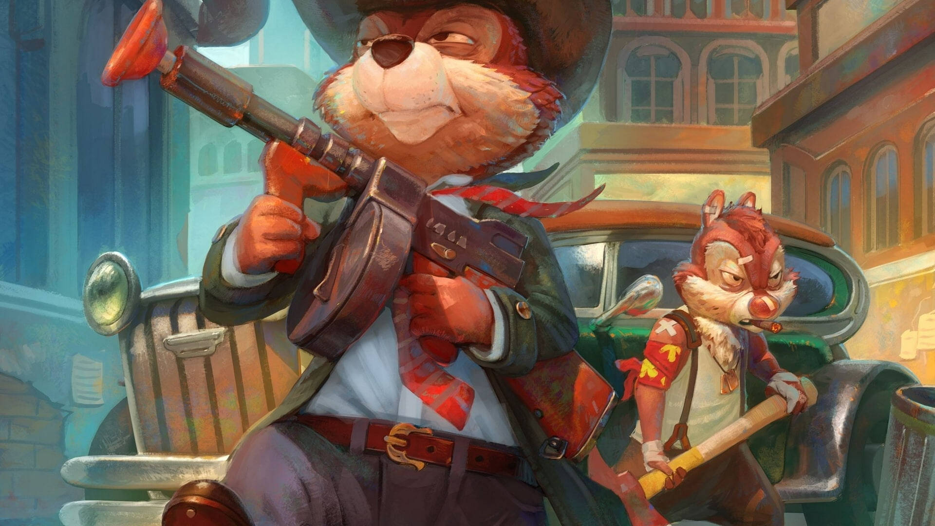 Chip N Dale Rescue Rangers, anthropomorphic foxes, vintage city attire, Full HD Desktop Wallpaper