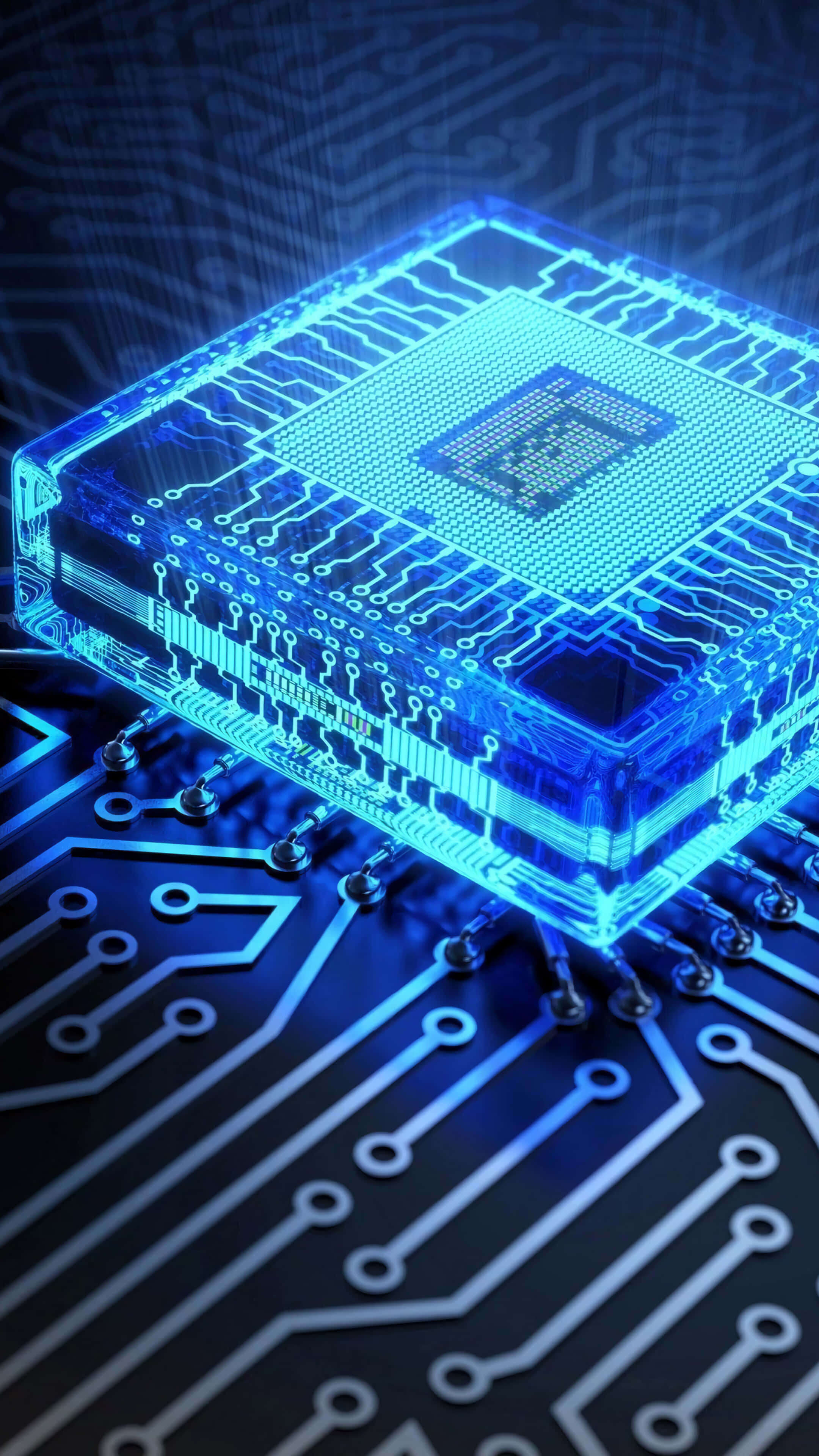 glowing blue transparent microchip, dark circuit board, intricate silver pathways, 4K Phone Wallpaper