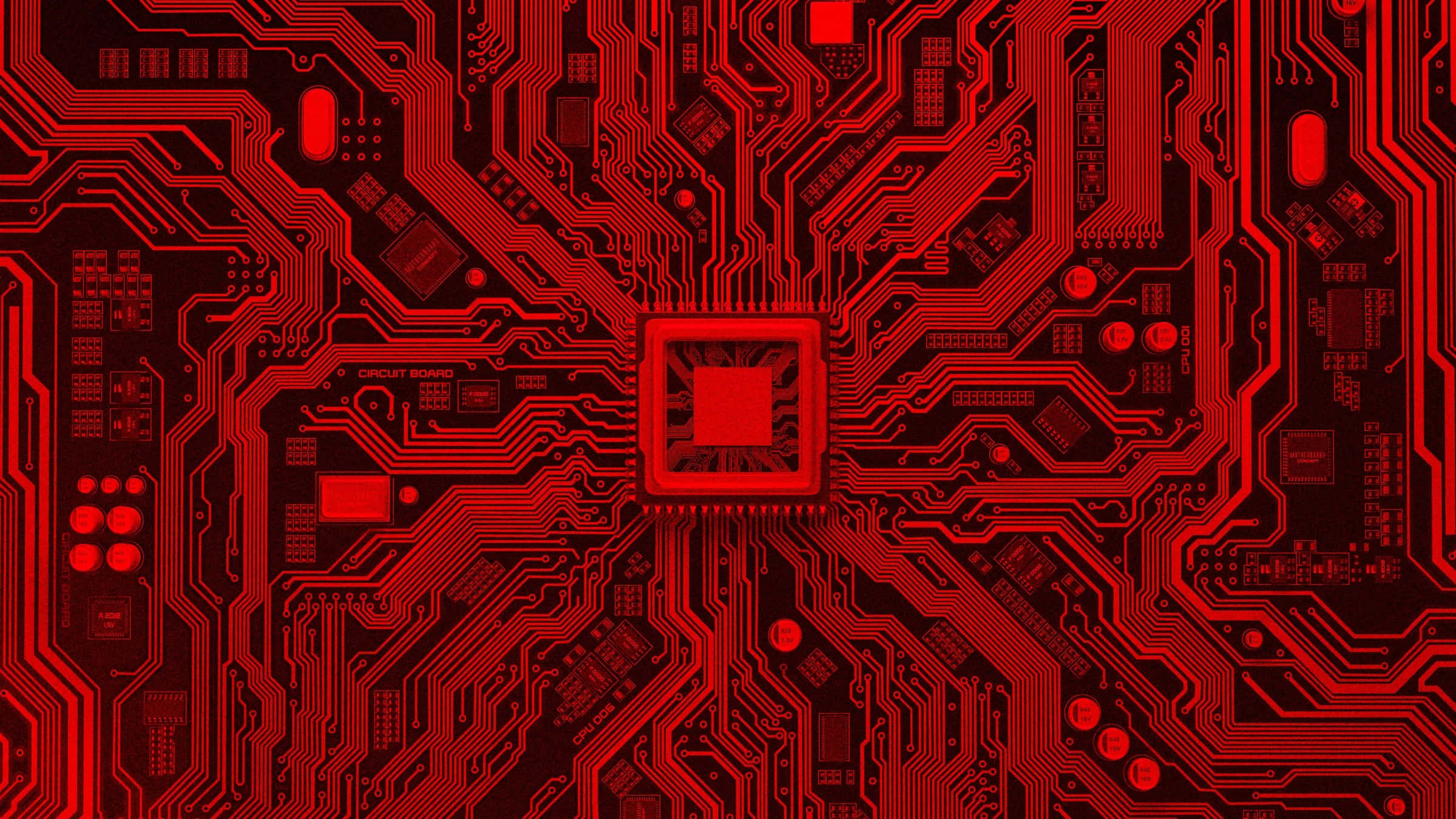 red circuit board, intricate pathways, central square chip, Full HD Desktop Wallpaper