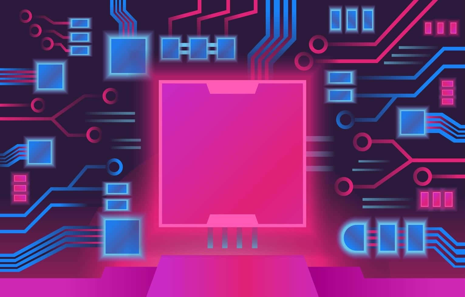 glowing pink microchip, dark circuit board, neon blue and pink pathways, HD Desktop Wallpaper
