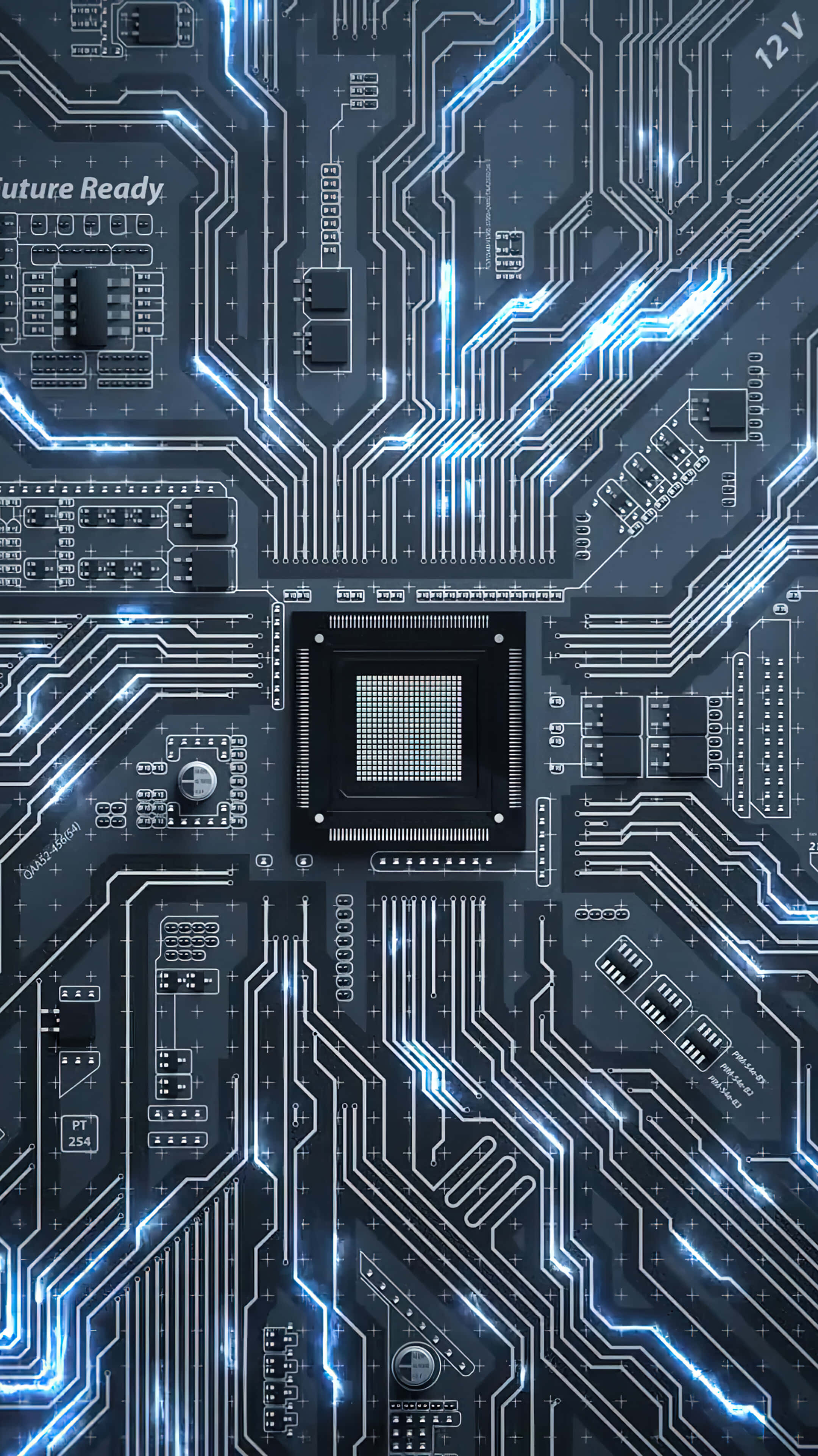 glowing blue circuit board, intricate pathways, central processor chip, 4K Phone Wallpaper
