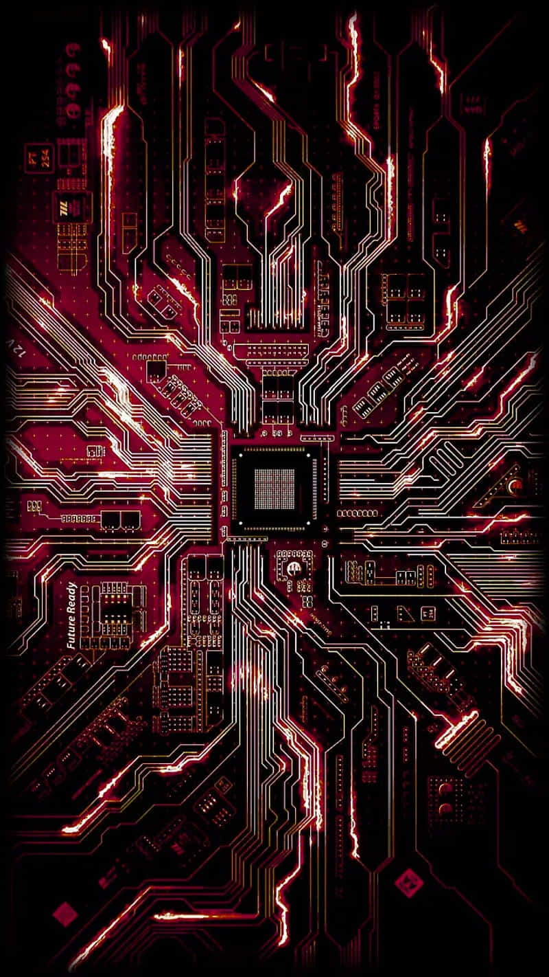 glowing red and black circuit board, intricate pathways, central chip, HD Phone Wallpaper