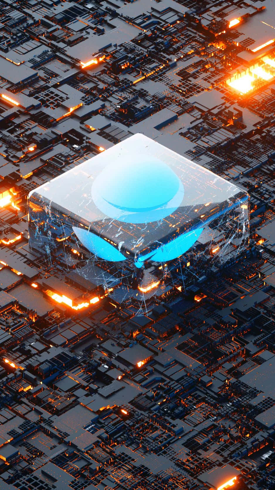 glowing blue cube, fiery circuit board, intricate glowing orange pathways, HD Phone Wallpaper