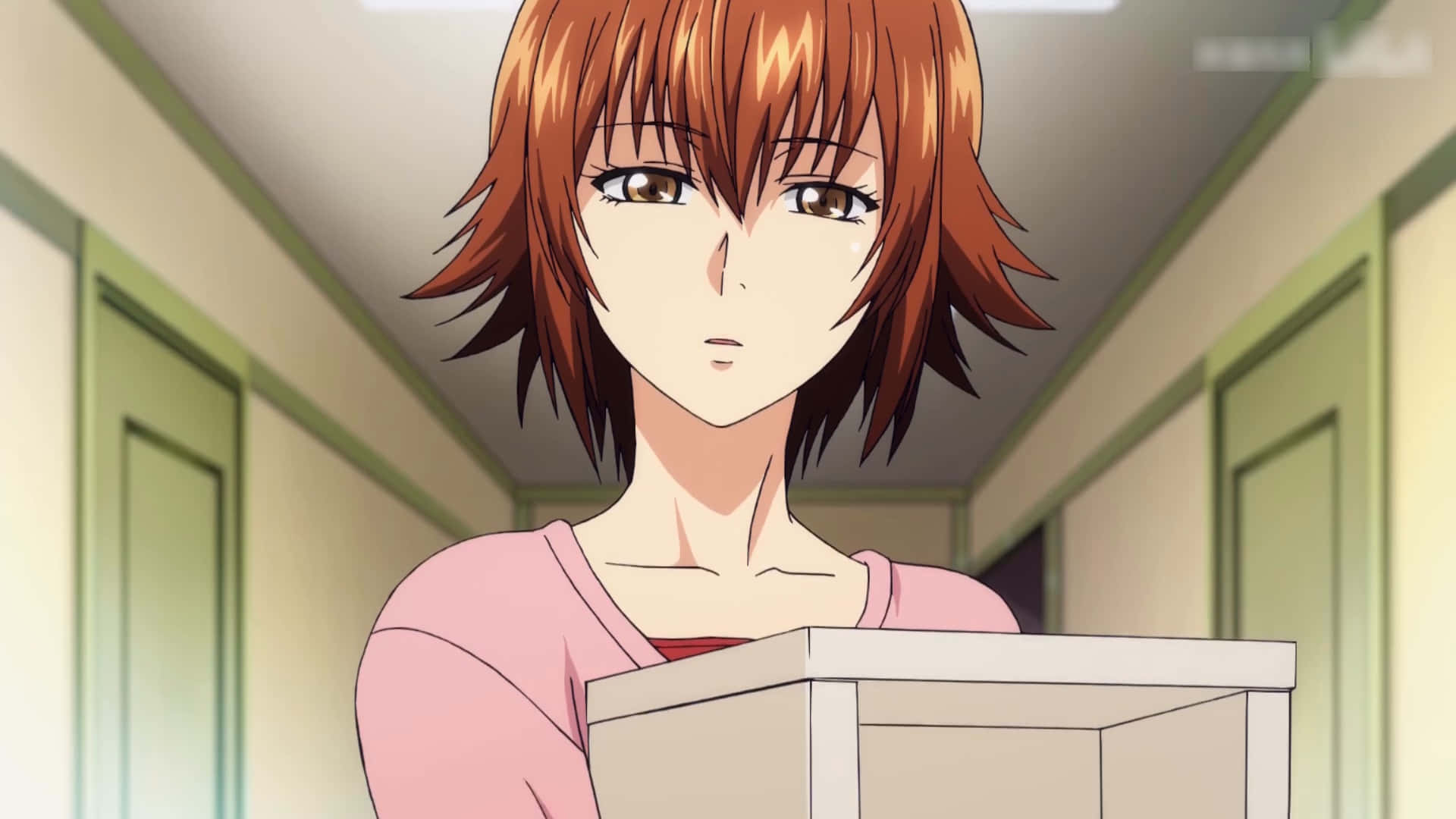 Chisa Kotegawa, short orange hair, brightly lit school hallway, Full HD Desktop Wallpaper