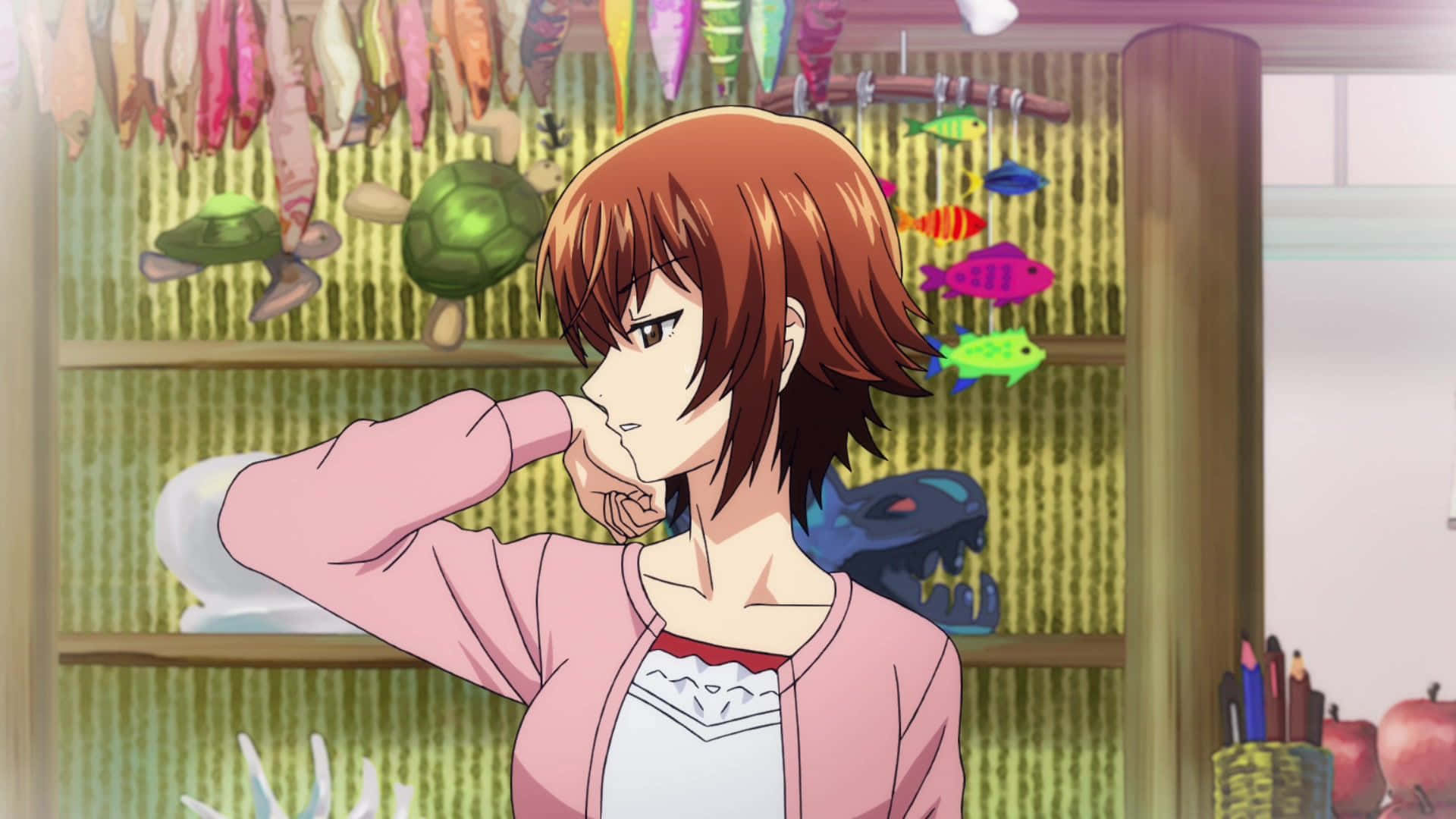 Chisa Kotegawa, brown hair, pink cardigan, Full HD Desktop Wallpaper