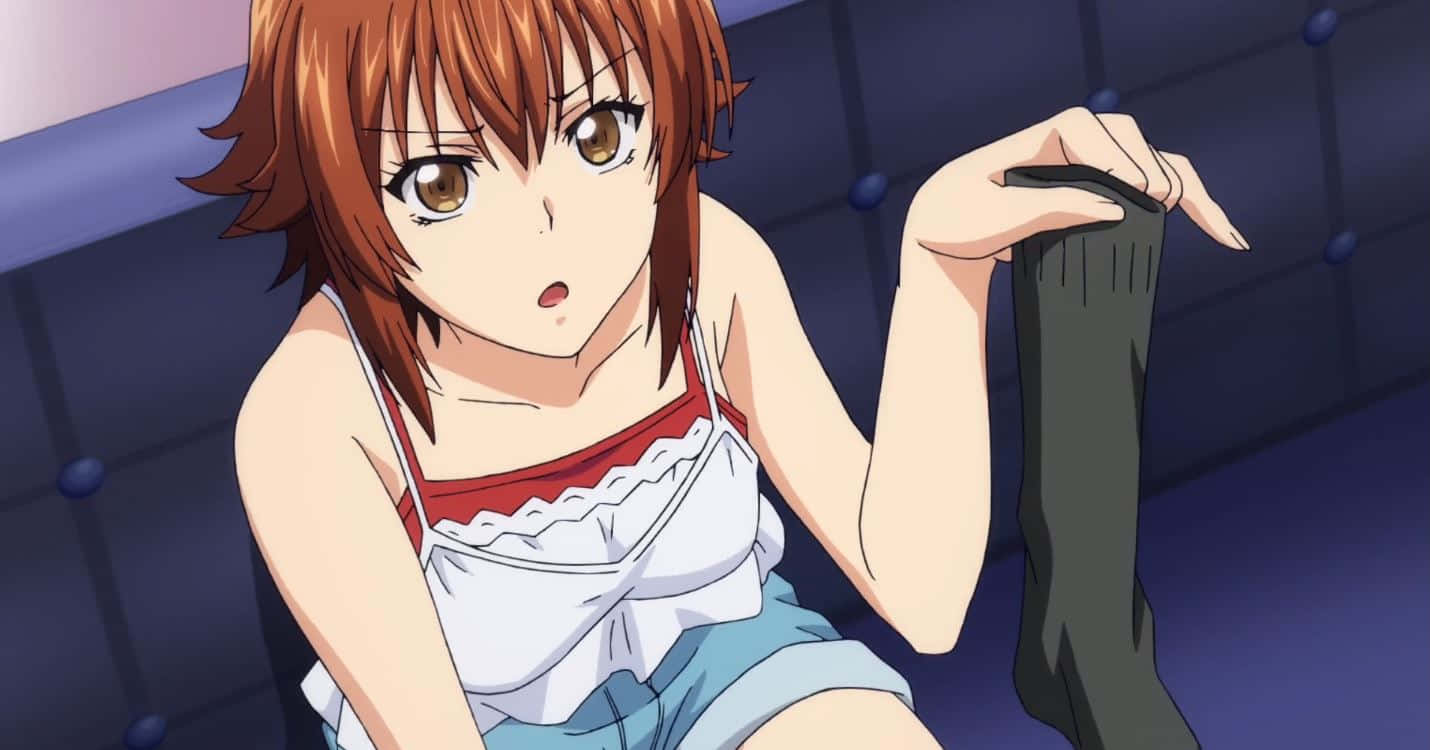 Chisa Kotegawa, brown hair, blue tufted couch, HD Desktop Wallpaper