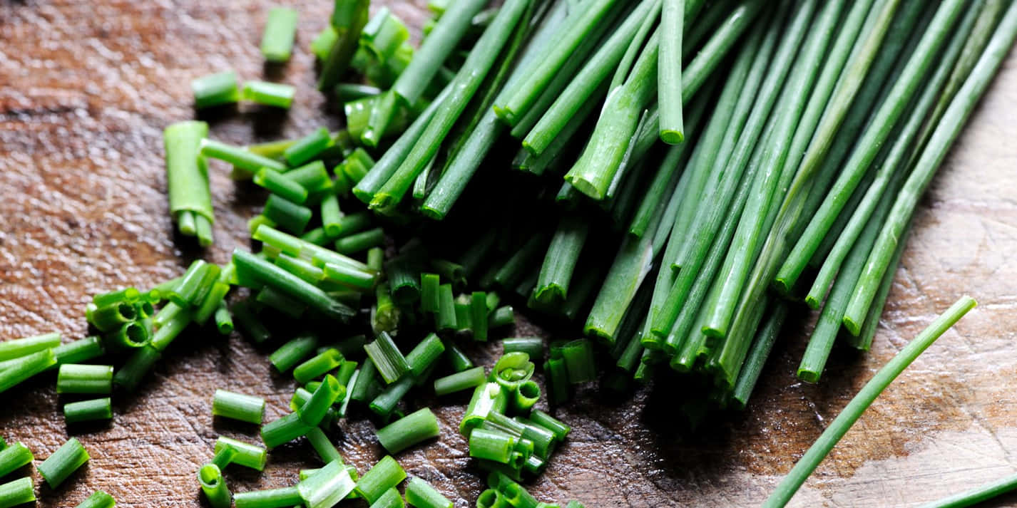 green chives, damp wooden board, rustic wooden cutting board, HD Desktop Wallpaper