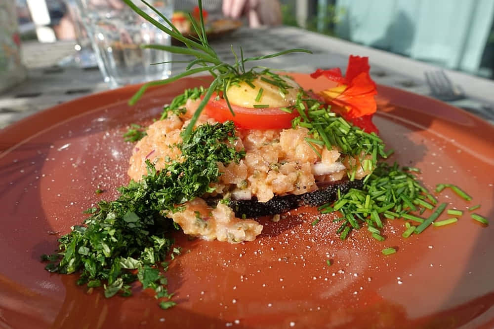 ground salmon dish, chives, orange plate, SD Desktop Wallpaper