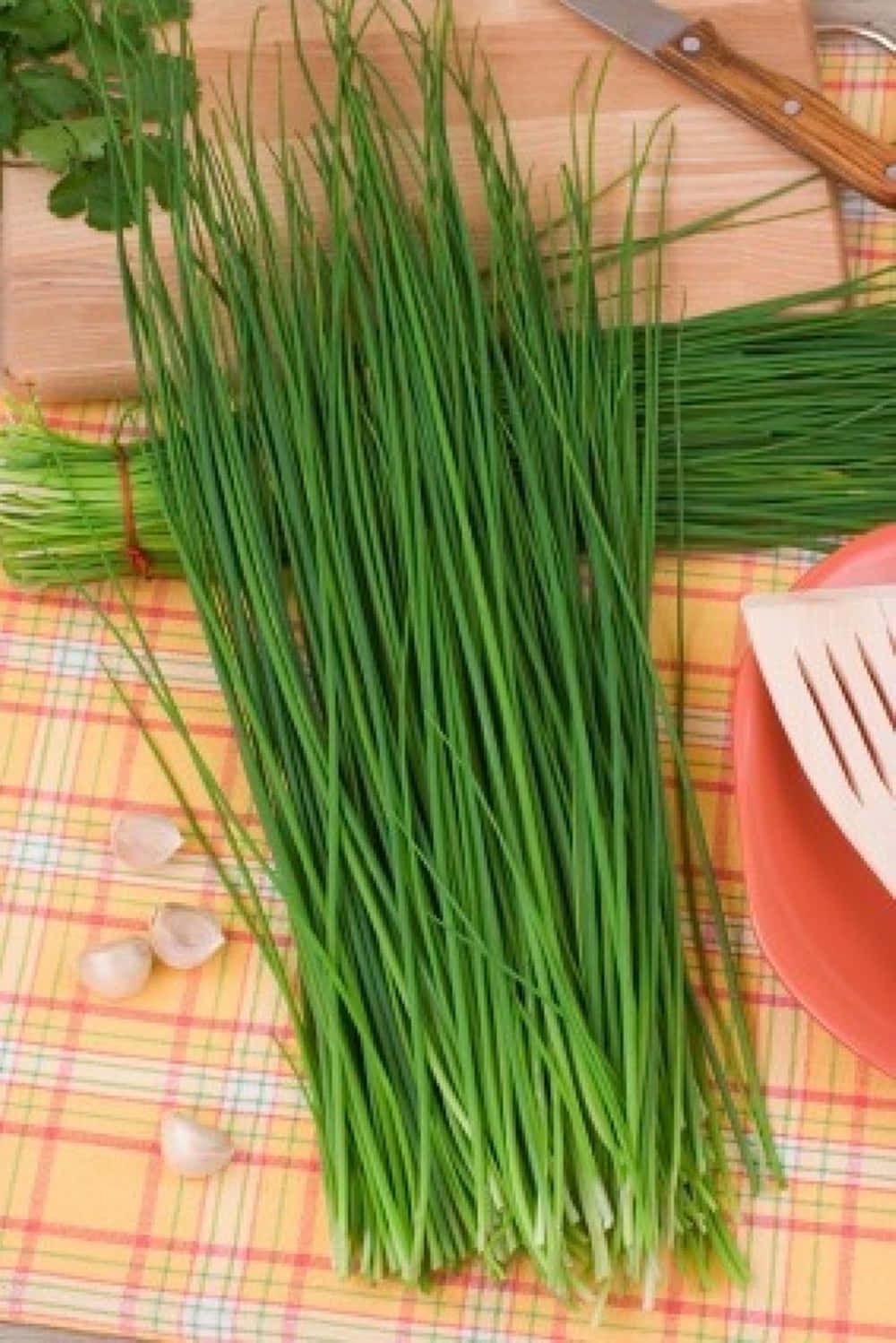 Korean green chives, garlic cloves, checkered tablecloth, HD Phone Wallpaper