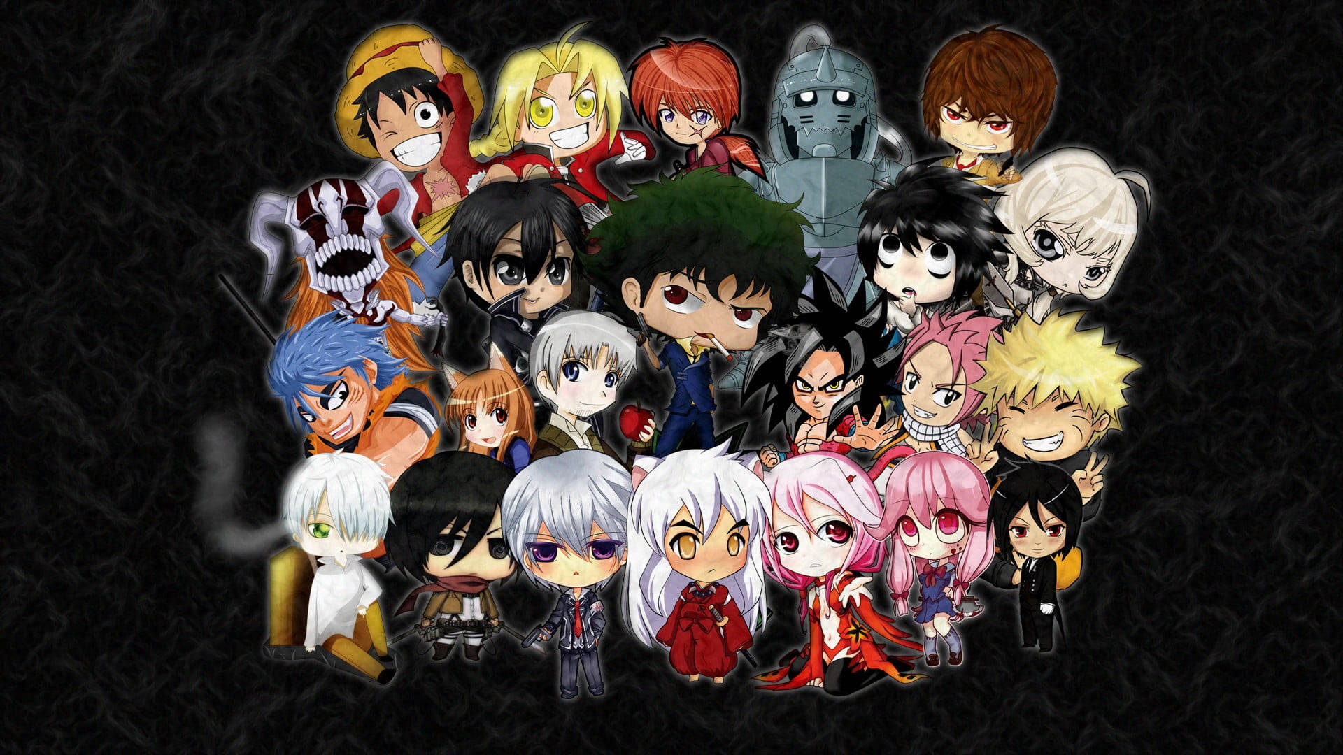 chibi-style anime, diverse characters, colorful hair, Full HD Desktop Wallpaper