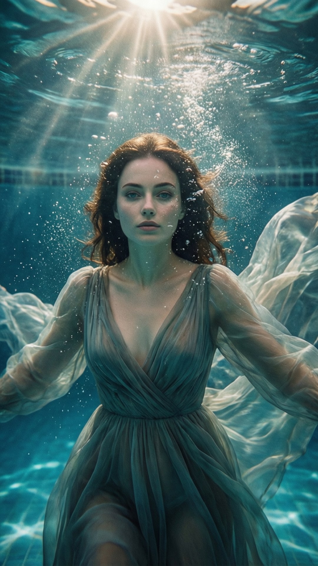Chloe Rose, sunlit pool, underwater, Full HD Phone Wallpaper