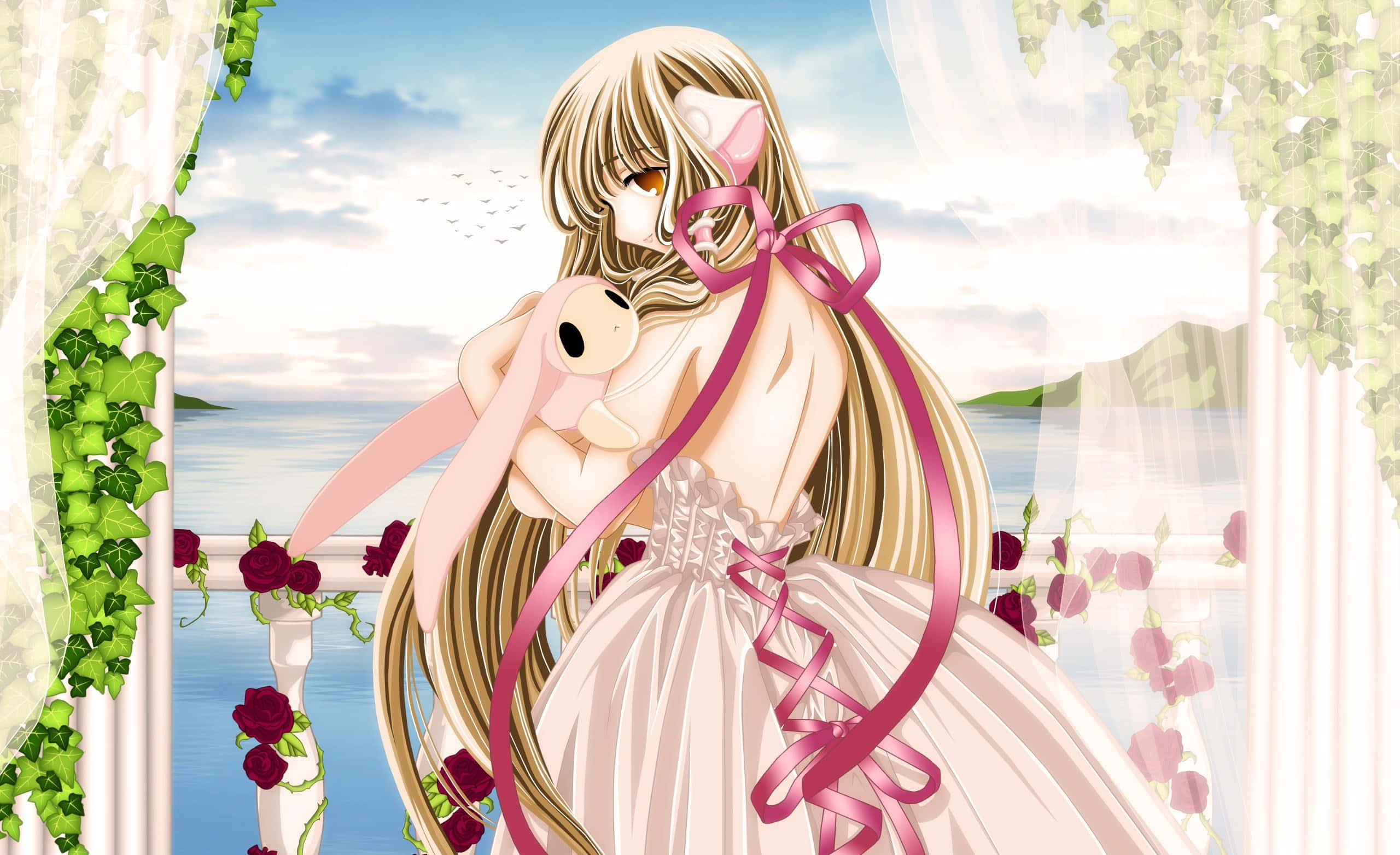 Chobits Chii, pink dress, balcony, 2K Desktop Wallpaper