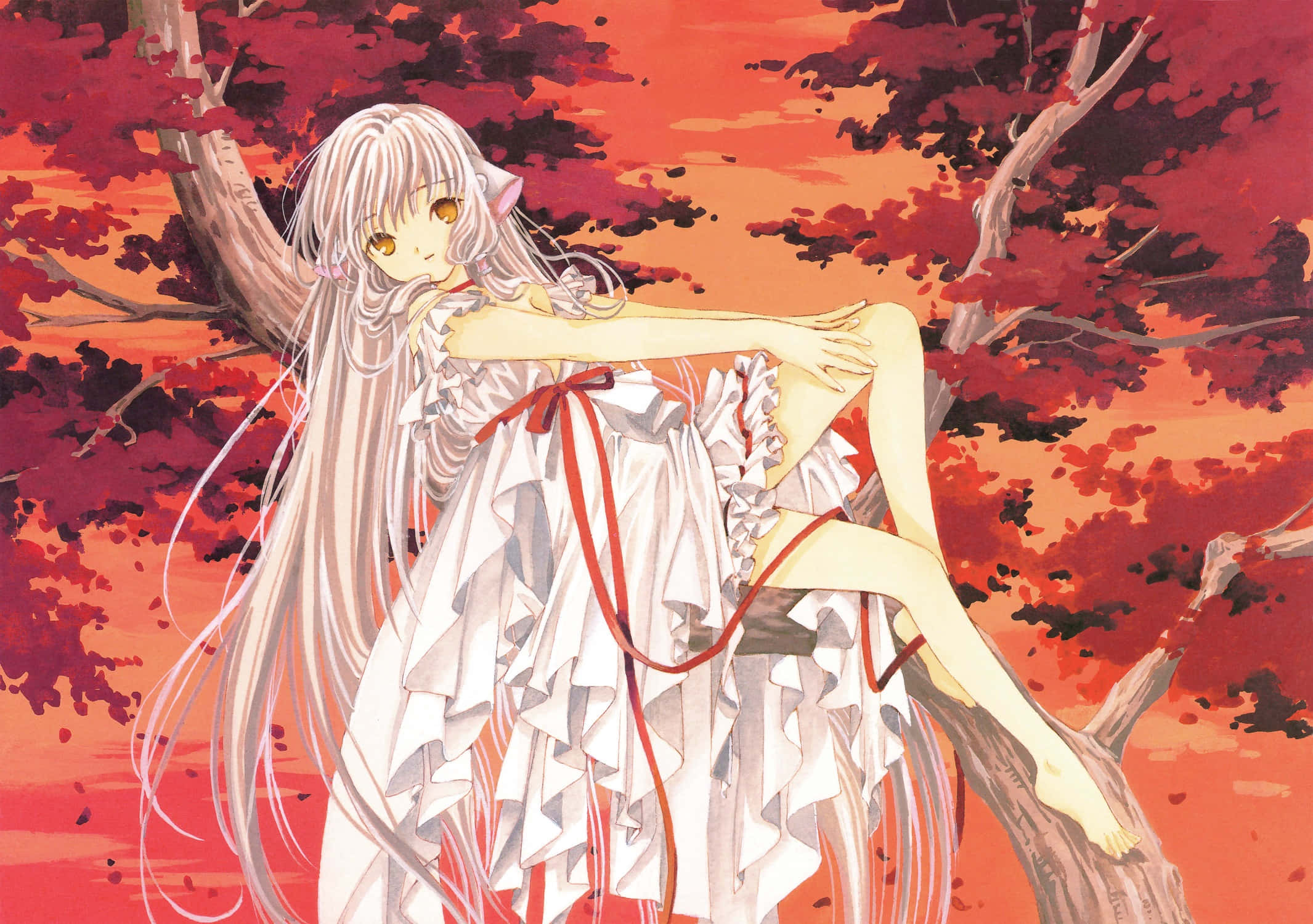 Chobits Chii, pale-haired anime girl, white frilly dress, Full HD Desktop Wallpaper