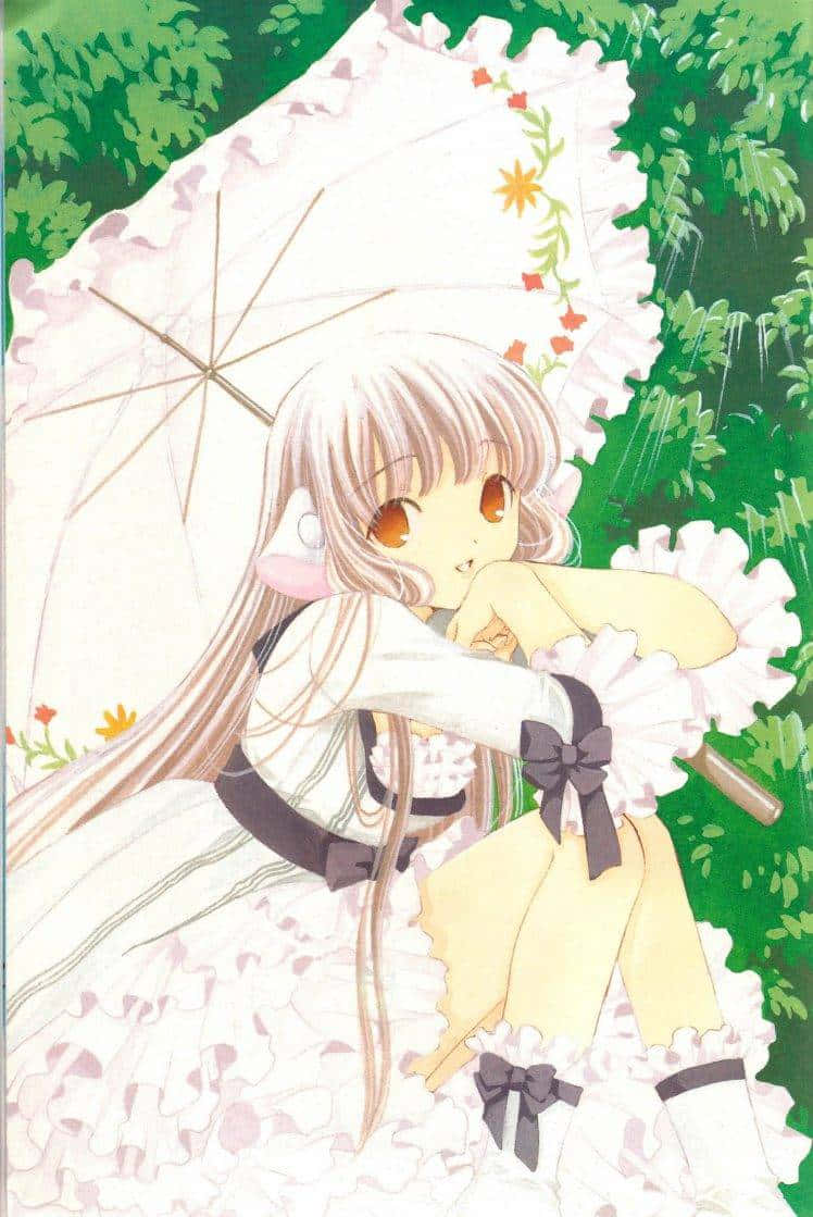 Chobits Chii, floral parasol, lush green foliage, SD Phone Wallpaper