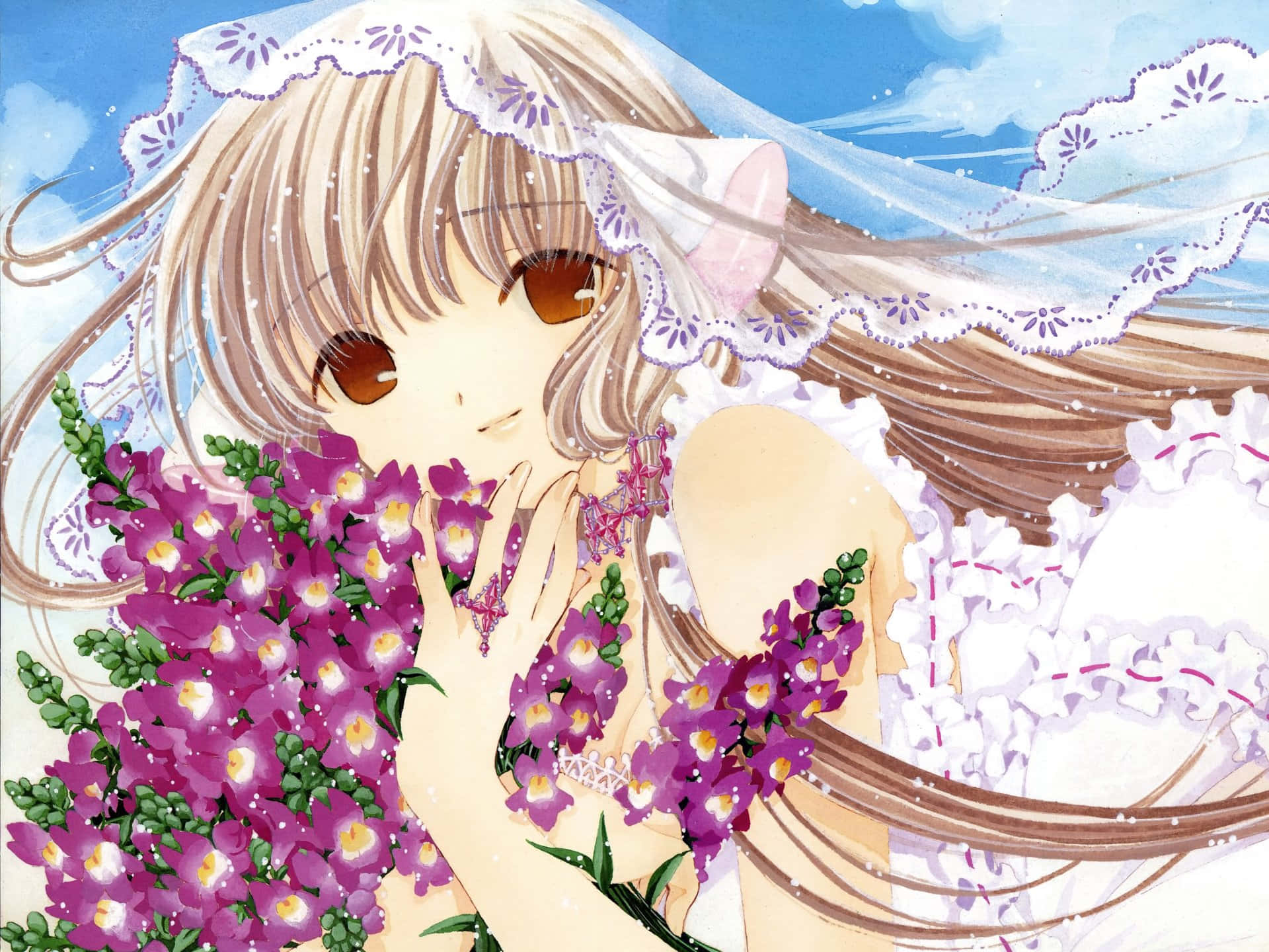 Chobits Freya, long brown hair, white lace veil, Full HD Desktop Wallpaper