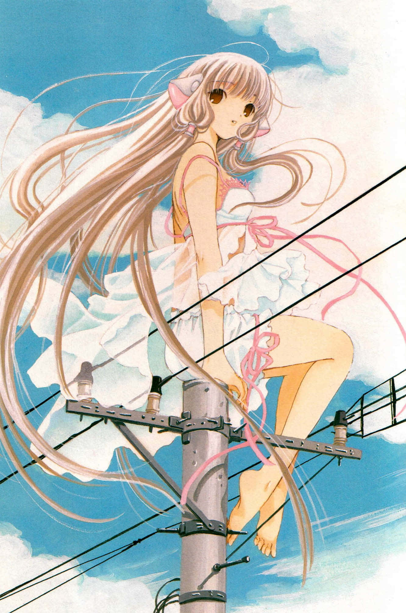 Chobits Freya, utility pole, white dress, Full HD Phone Wallpaper