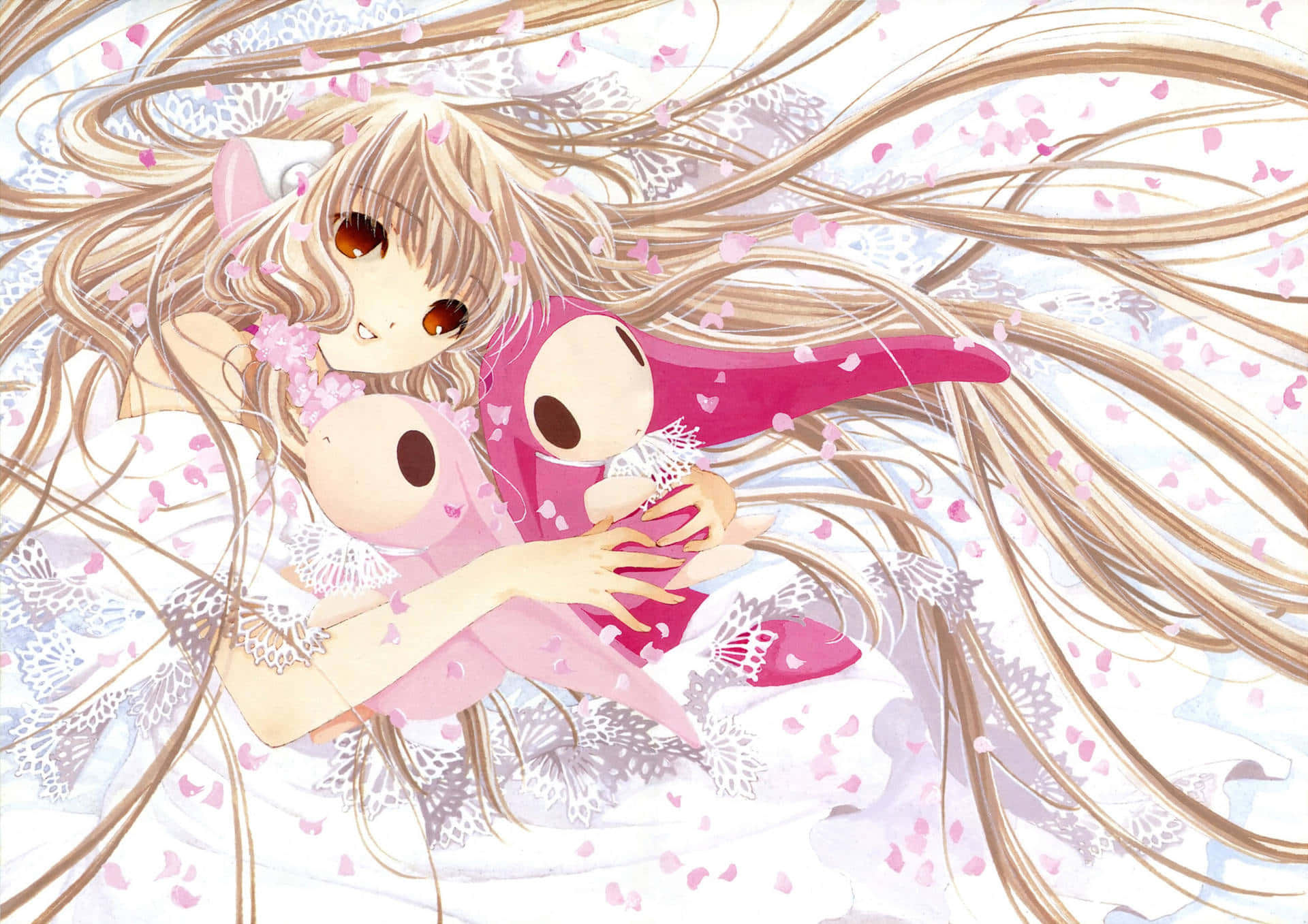 Chobits Freya, pink plush toys, cherry blossom petals, Full HD Desktop Wallpaper