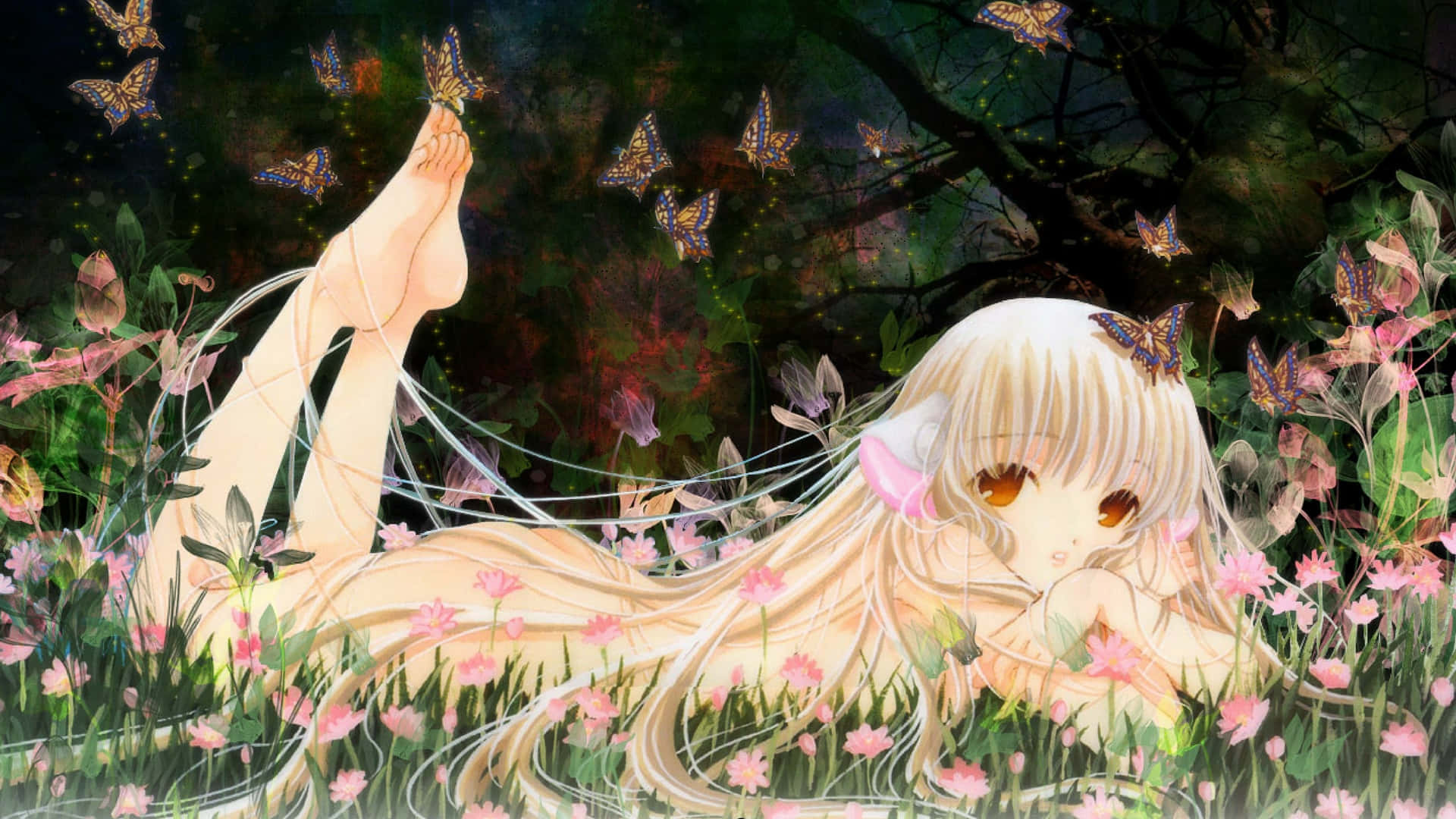 Chobits Freya, floral garden, pink flowers, Full HD Desktop Wallpaper