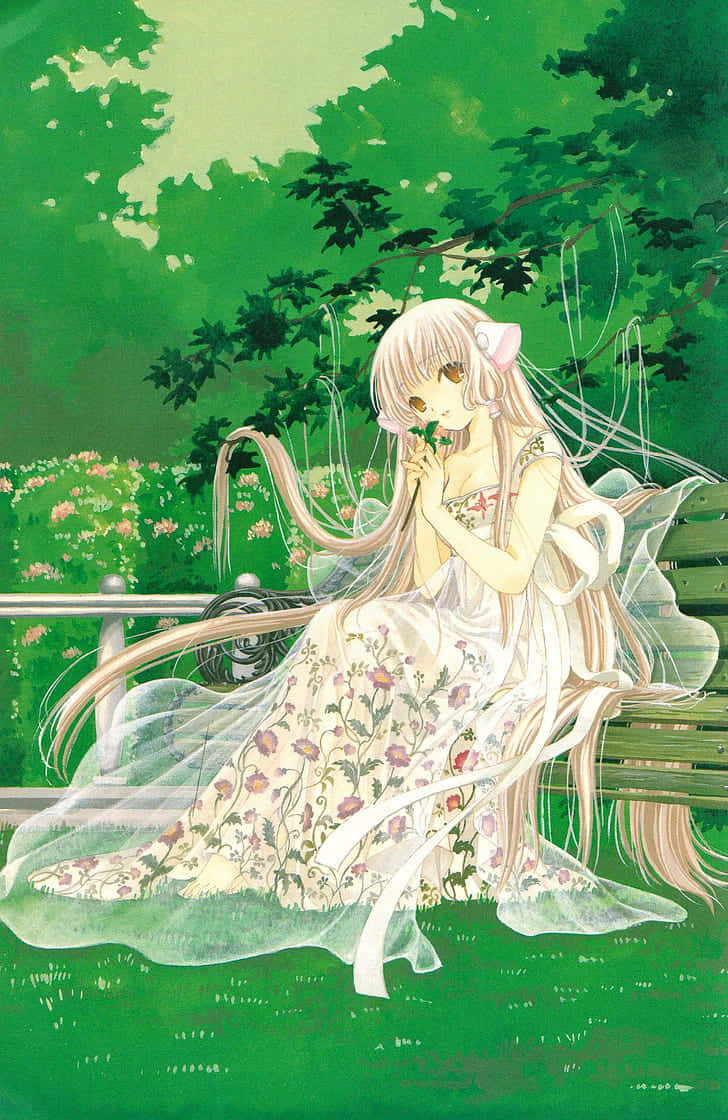 Chobits Freya, floral gown, wooden bench, SD Phone Wallpaper