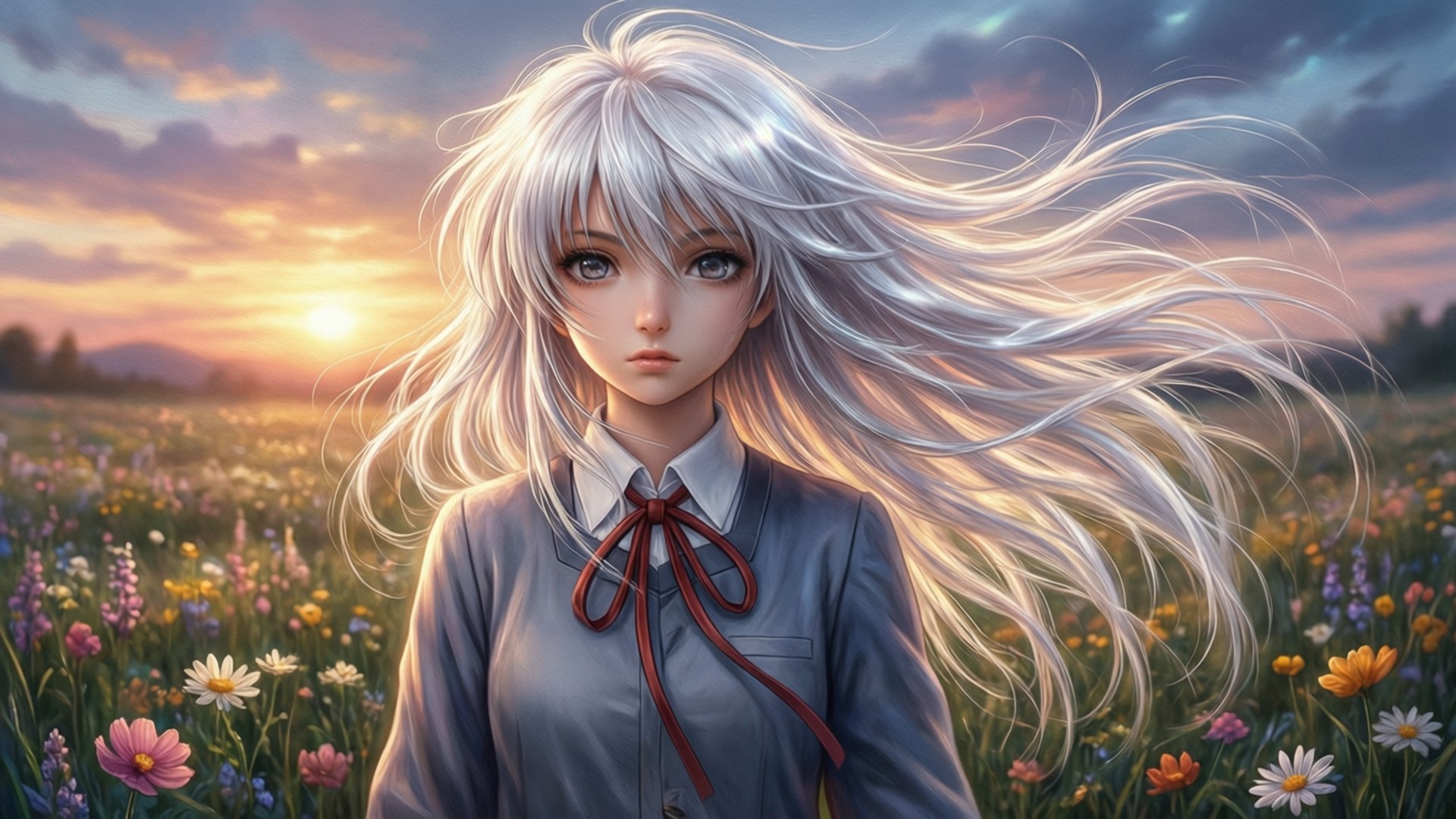 Freya, flower field, sunset, Full HD Desktop Wallpaper