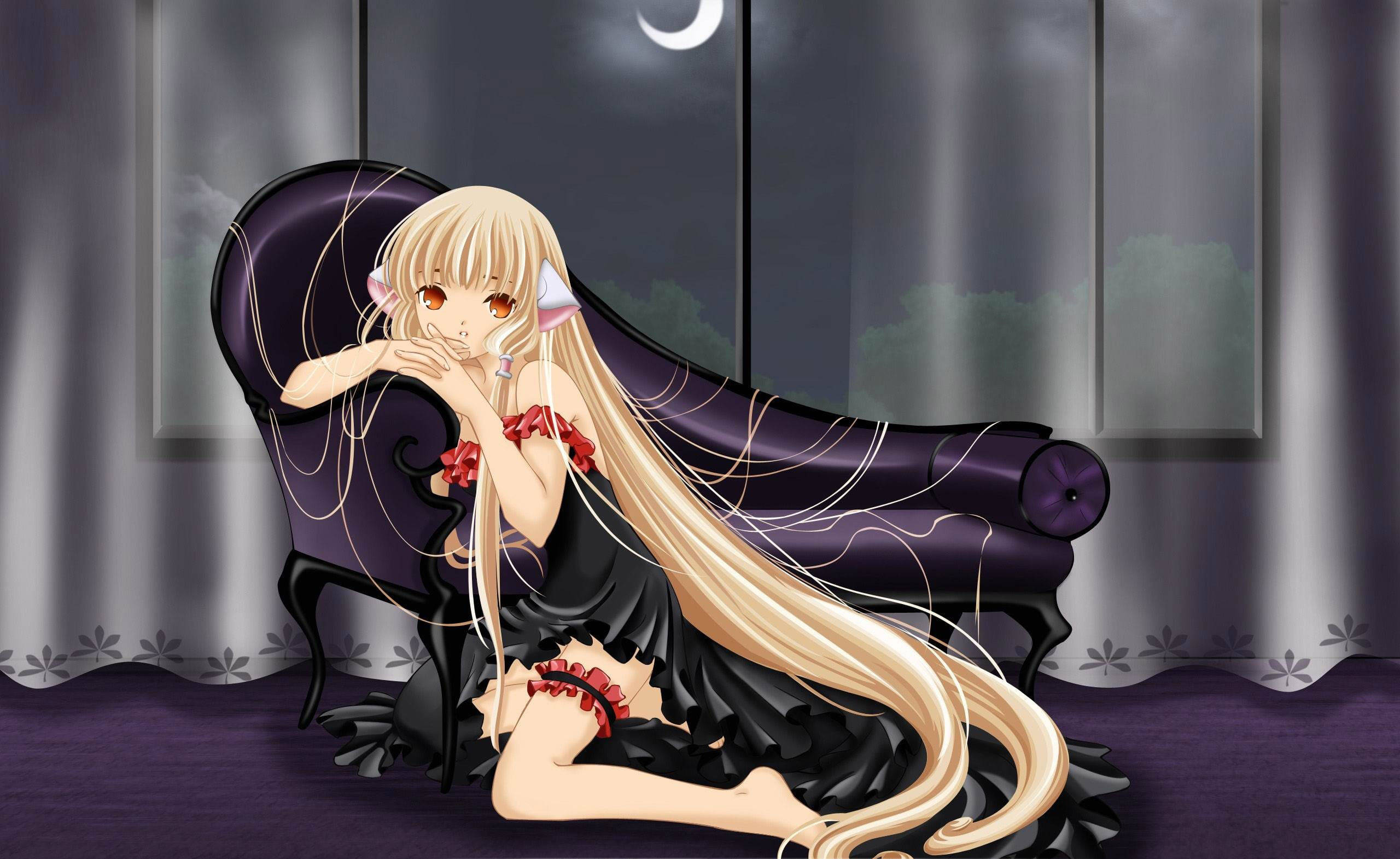 Chobits Freya, black dress, red accents, 2K Desktop Wallpaper