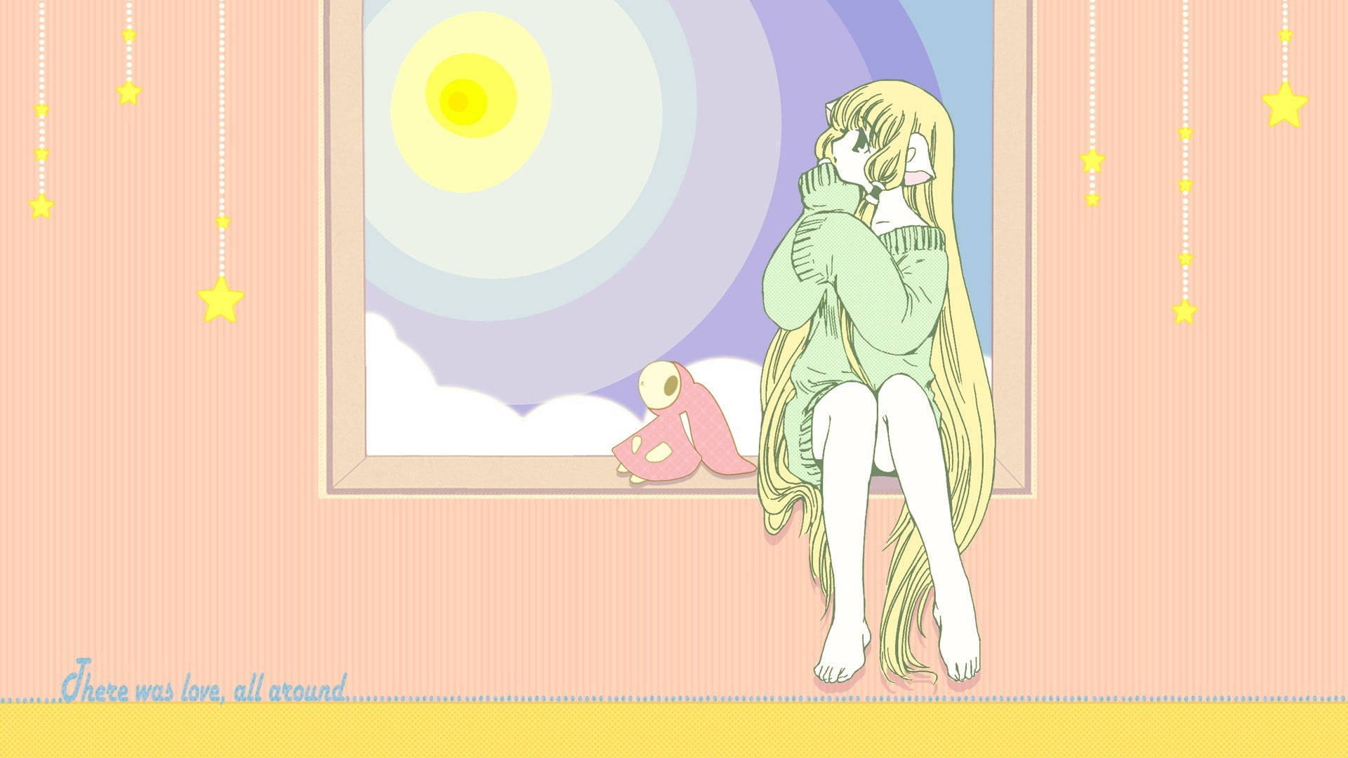 Chobits, blonde anime girl, green sweater, Full HD Desktop Wallpaper