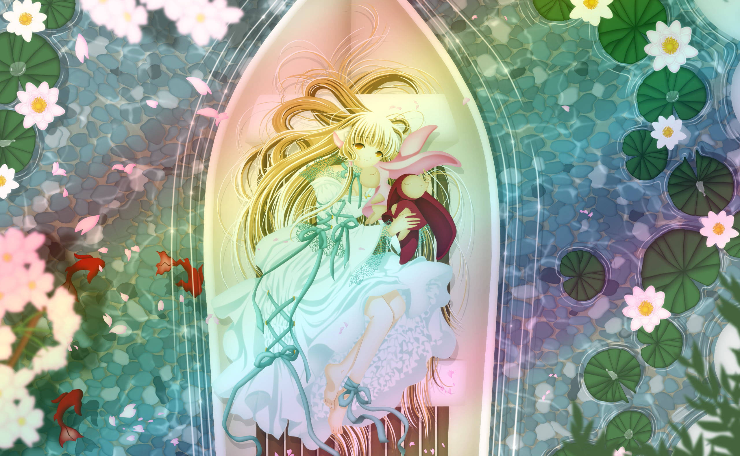 Chobits, golden-haired anime girl, red-haired child, 2K Desktop Wallpaper