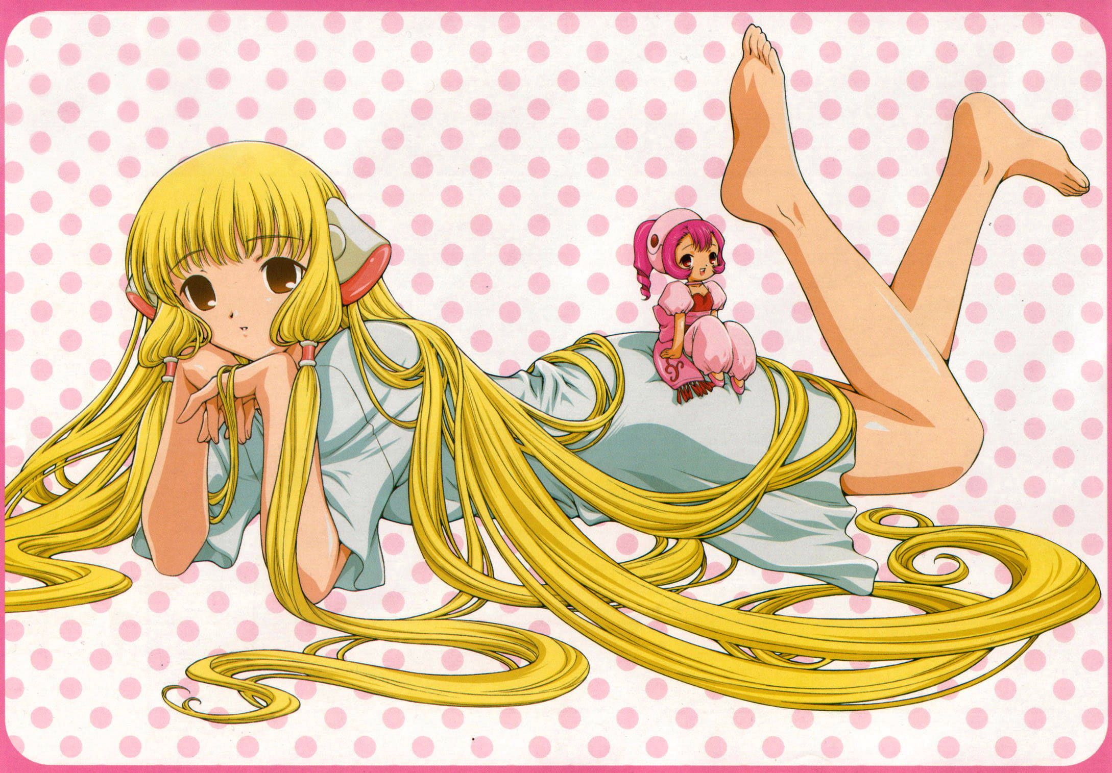 Chobits, polka dot background, golden hair, Full HD Desktop Wallpaper