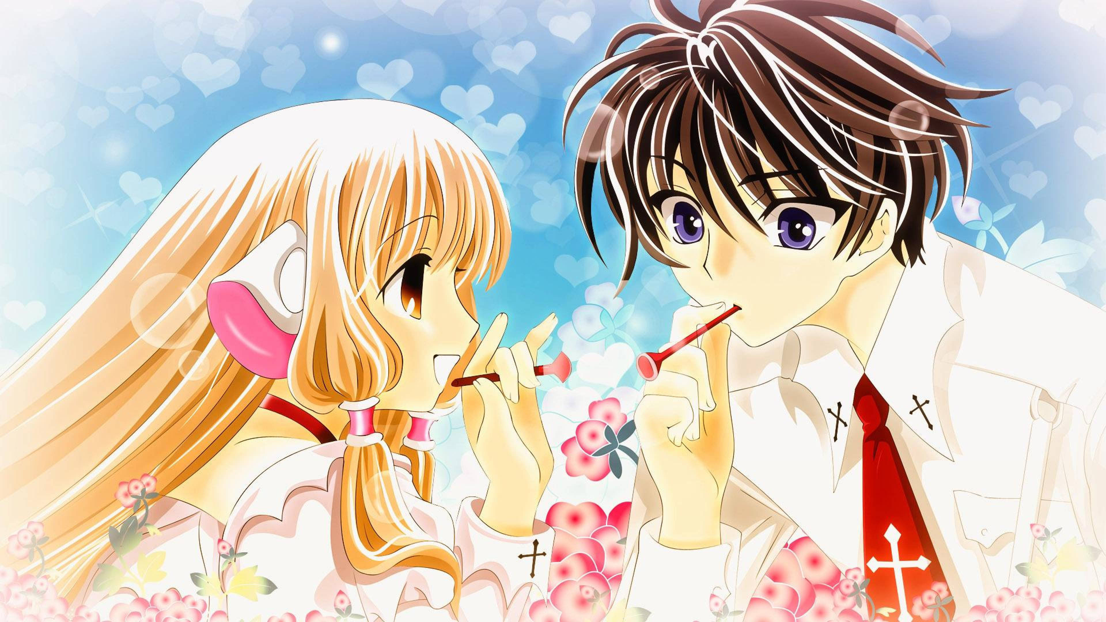 Chobits, pink flowers, floating hearts, 4K Desktop Wallpaper