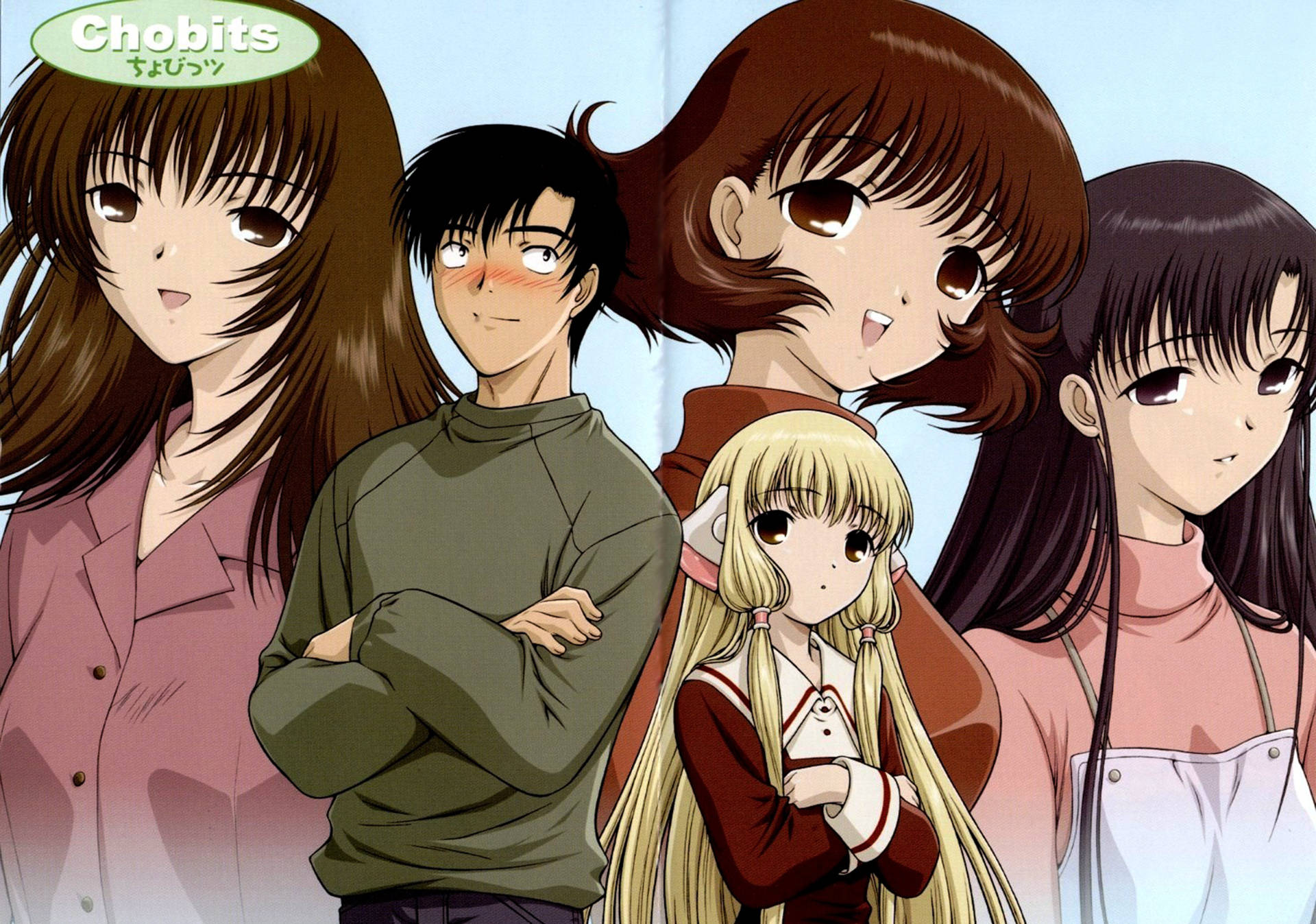 Chobits, anime characters, soft blue background, Full HD Desktop Wallpaper