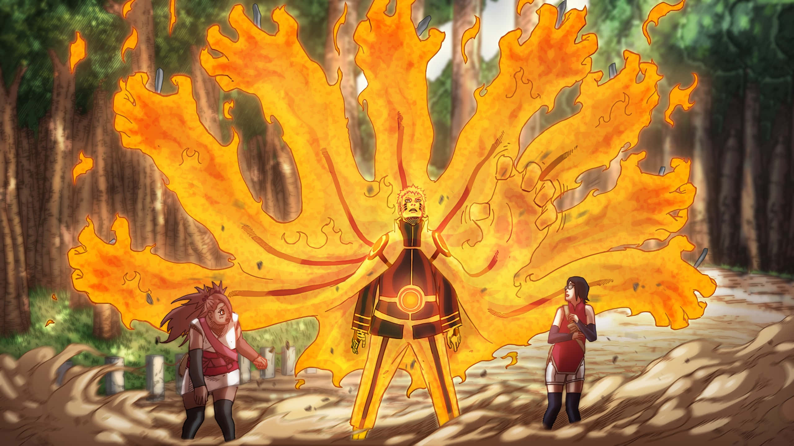 Chocho Akimichi, nine-tailed fox aura, blazing orange, 2K Desktop Wallpaper