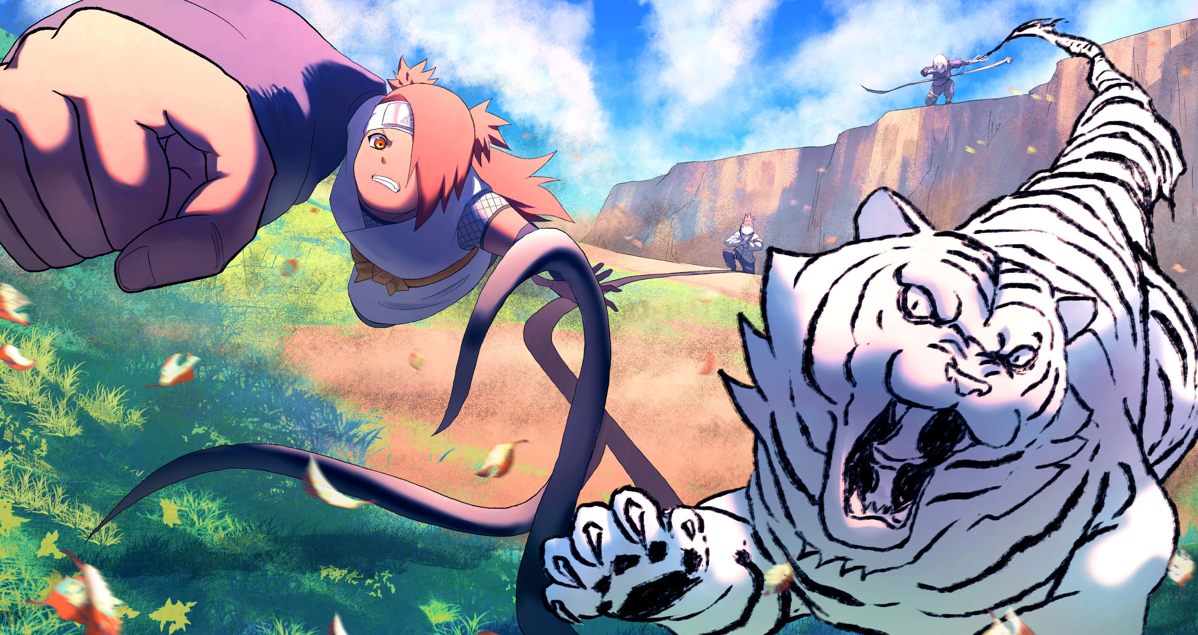 Chocho Akimichi, white tiger, grassy cliffside, 4K Desktop Wallpaper